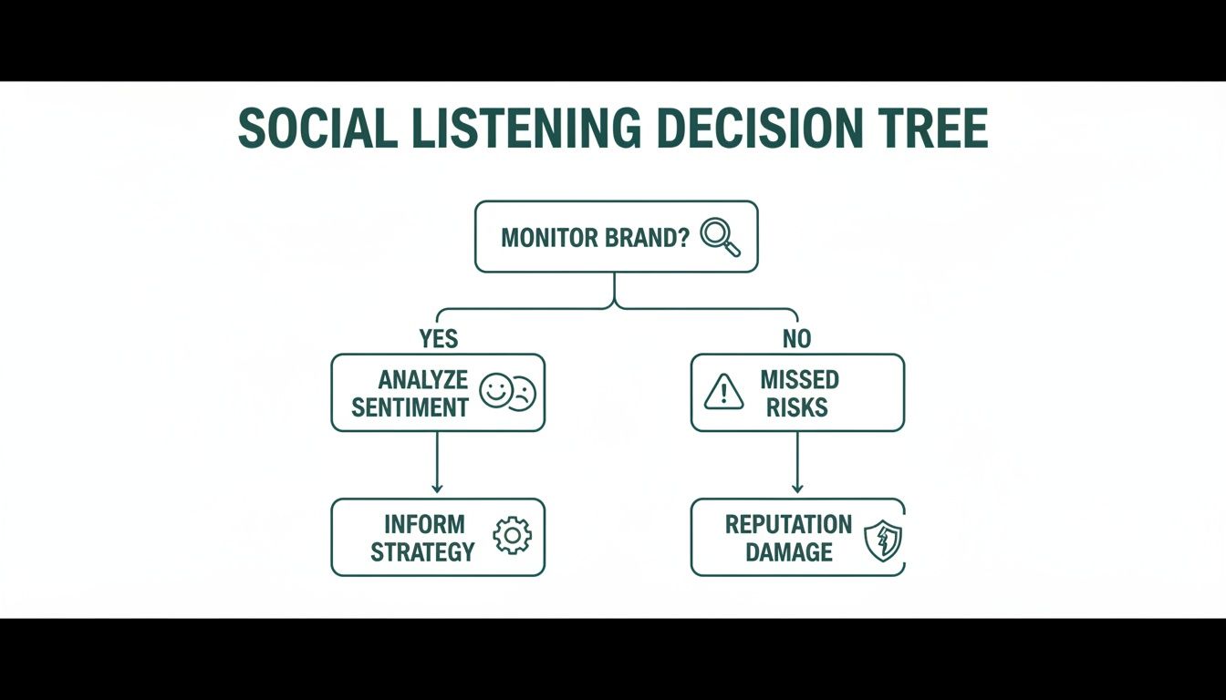 A social listening decision tree flowchart showing steps for brand monitoring, sentiment analysis, and strategy.