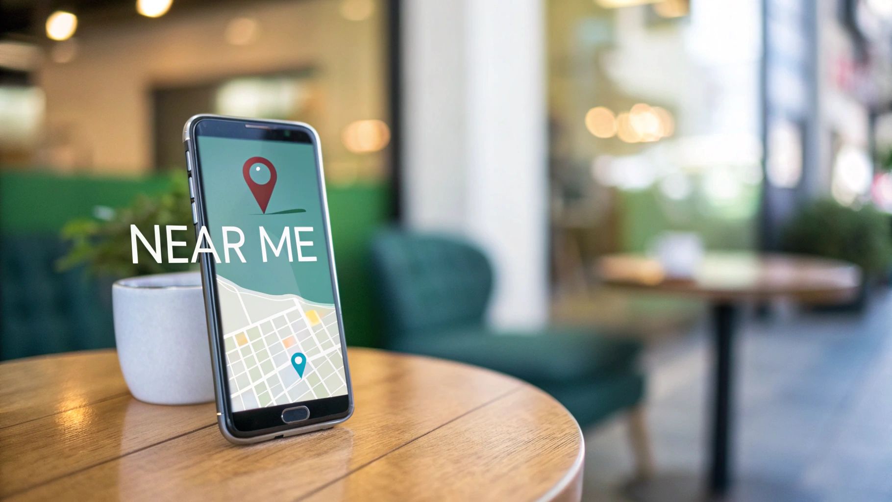 A smartphone screen displaying a map with 'NEAR ME' text and location pins on a wooden table.