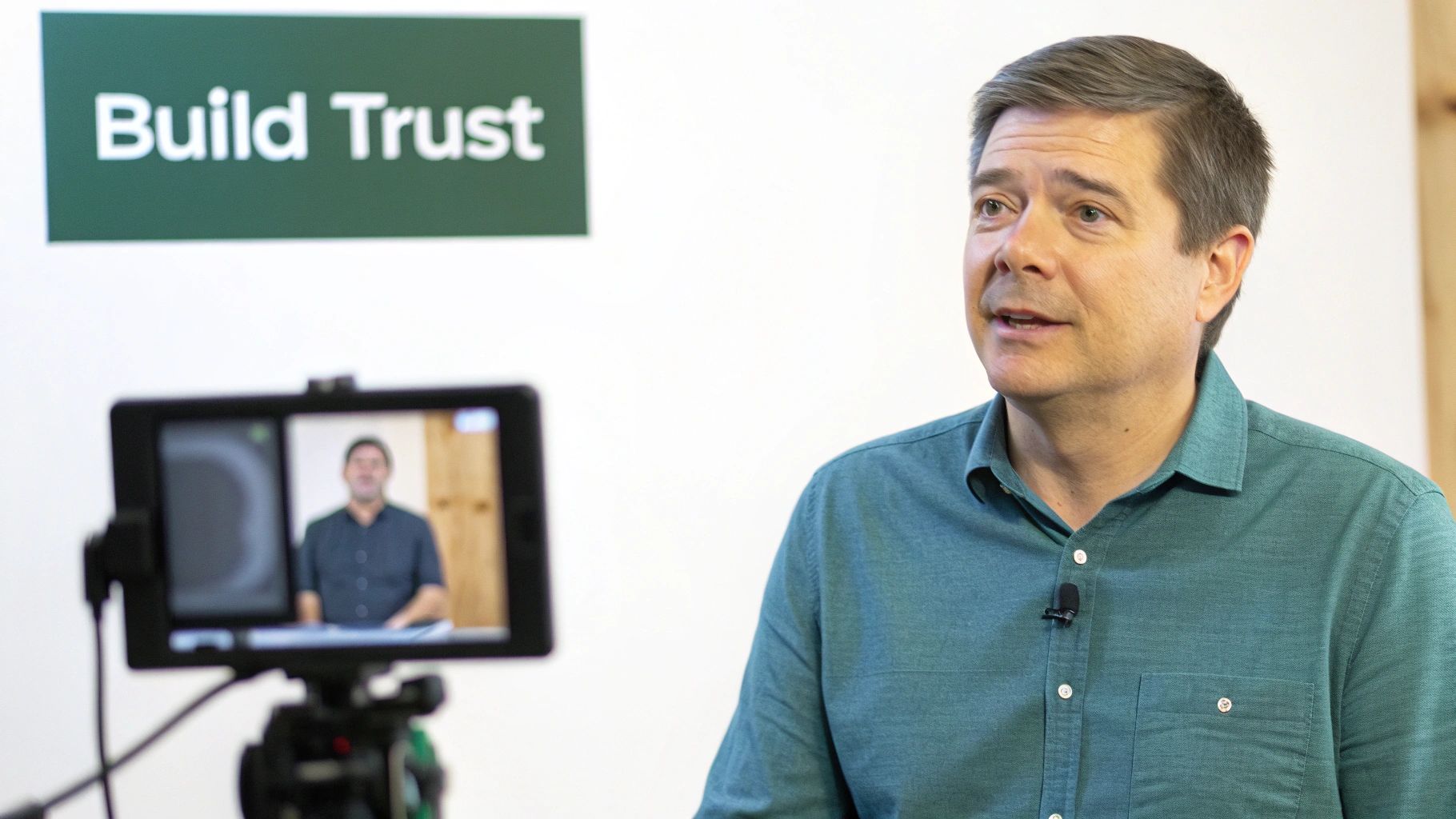 A man in a green shirt speaks, wearing a lapel mic, with a 'Build Trust' sign and a video monitor in the background.