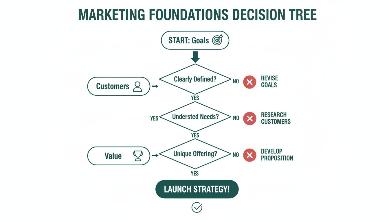 A marketing foundations decision tree flowchart, guiding through goals, customer needs, and value proposition.