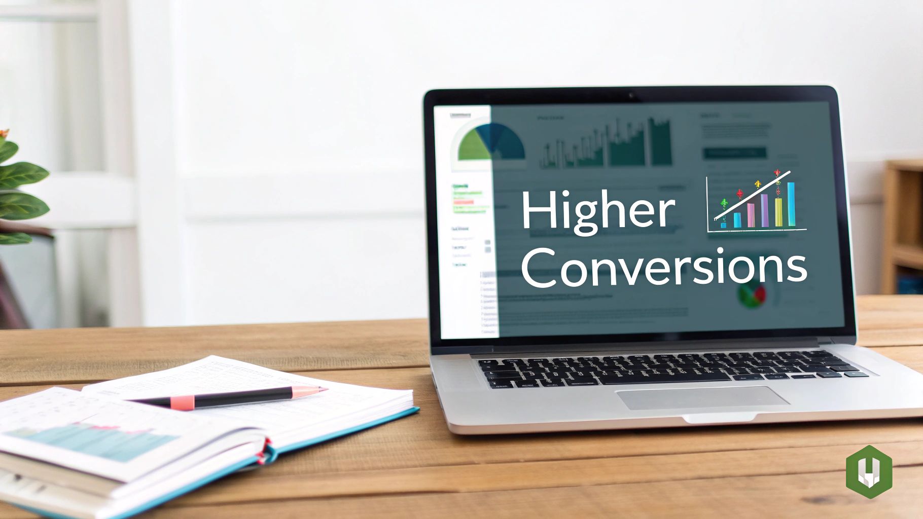 Laptop displaying 'Higher Conversions' text and analytics graphs on a wooden desk with an open notebook.