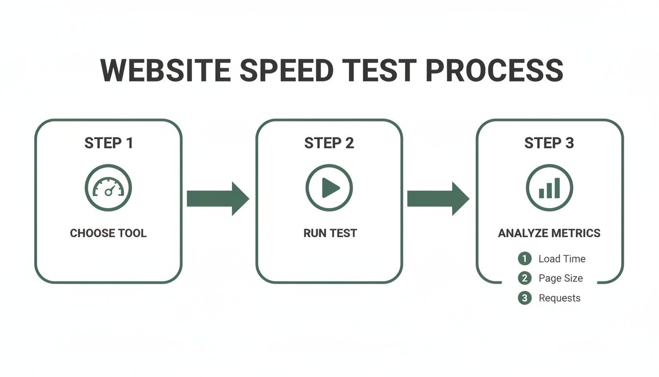 A diagram illustrating the three-step website speed test process: choose tool, run test, analyze metrics.