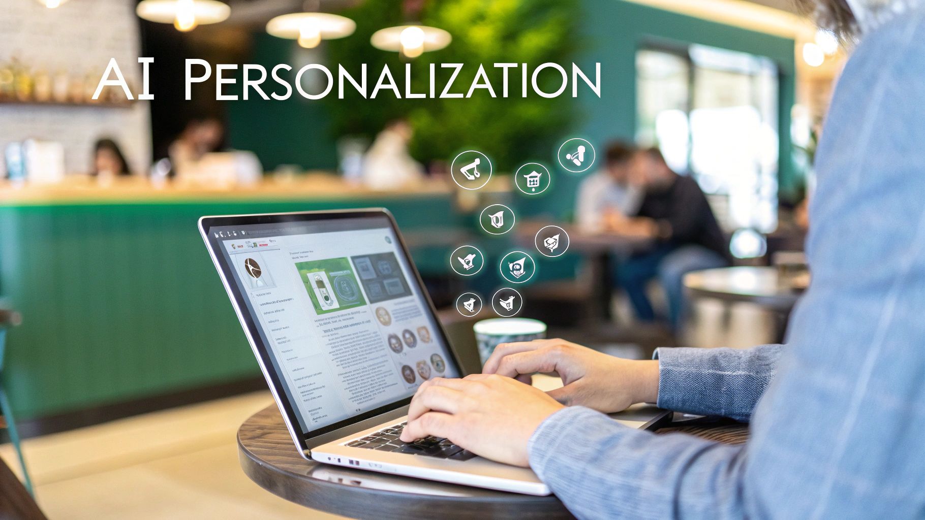 A person uses a laptop in a cafe with 'AI PERSONALIZATION' text and floating icons.