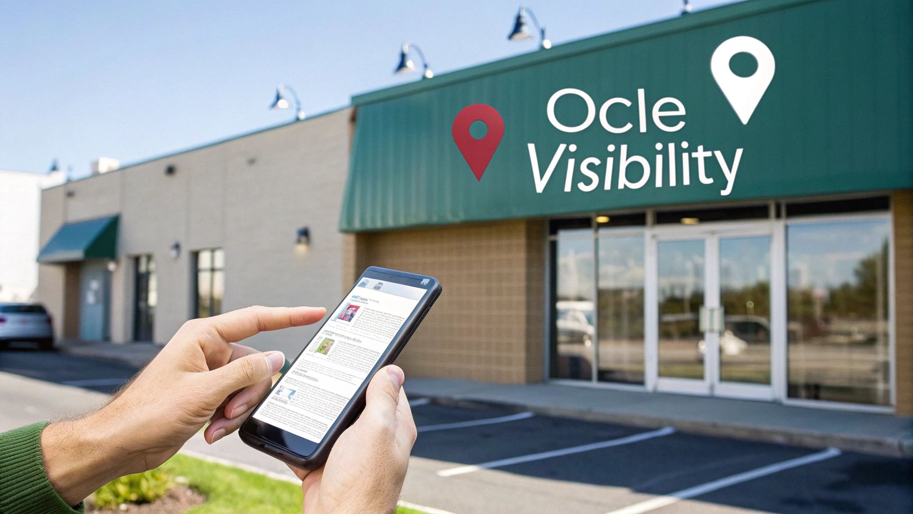 A person's hands hold a smartphone displaying an app, with a store named "Ocle Visibility" in the background.