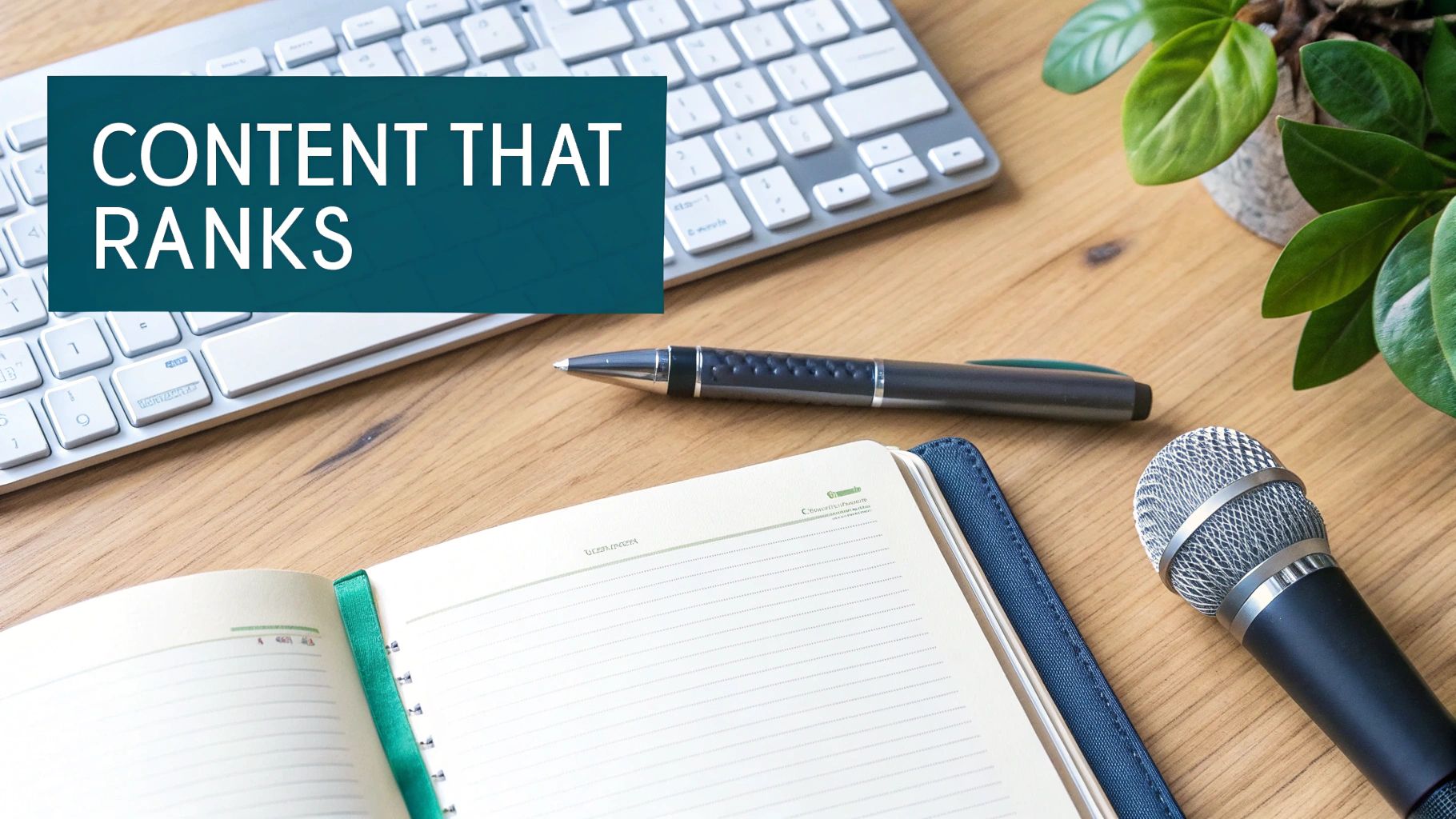 Desk setup with keyboard, open notebook, pen, microphone, and a prominent text overlay 'CONTENT THAT RANKS'.