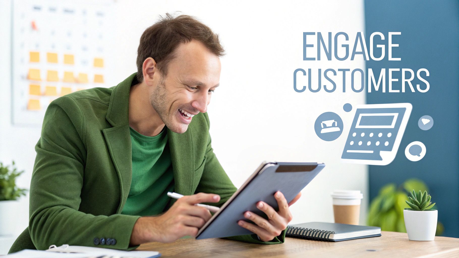 A smiling man uses a tablet and stylus, with "ENGAGE CUSTOMERS" text and digital icons.