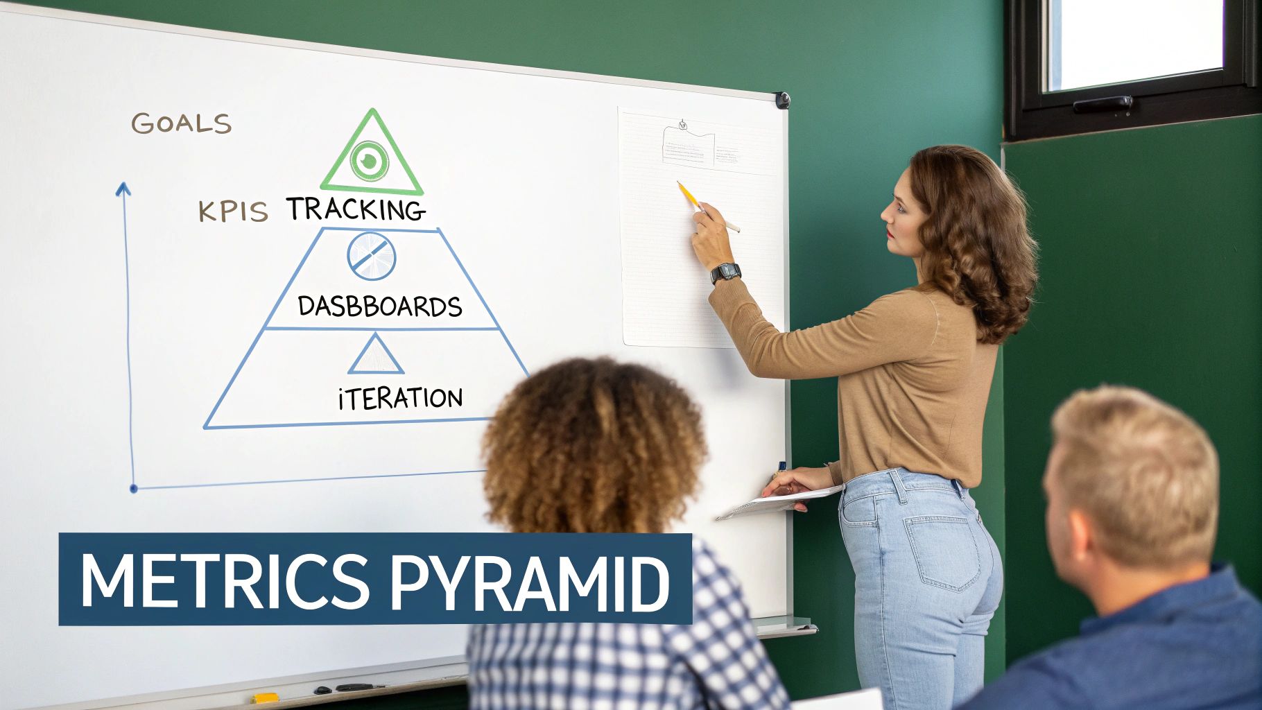 Instructor explains the Metrics Pyramid, illustrating business goals, KPIs, dashboards, and iteration on a whiteboard.