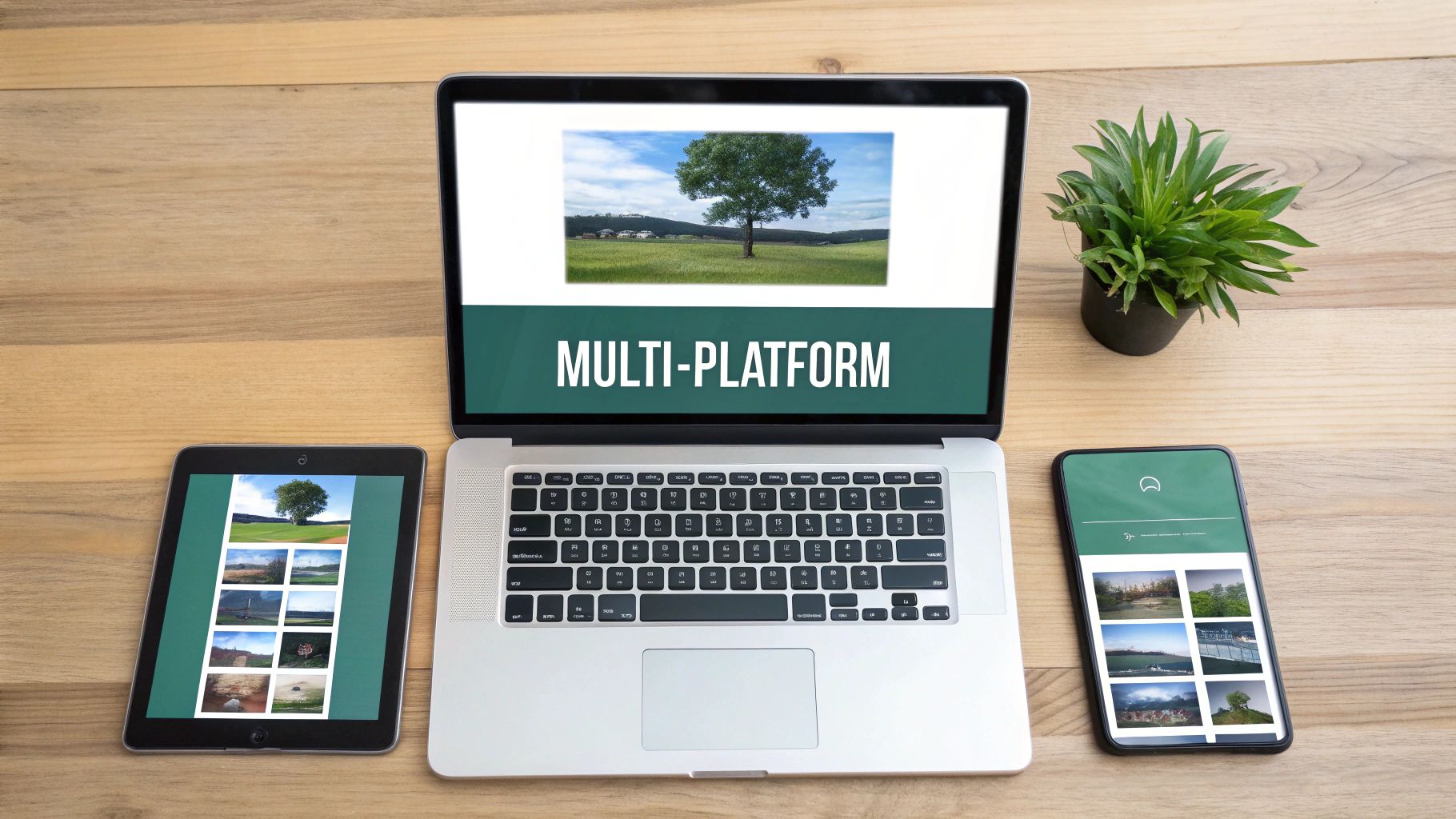 A laptop, tablet, and smartphone displaying a 'MULTI-PLATFORM' tree image on a wooden desk.