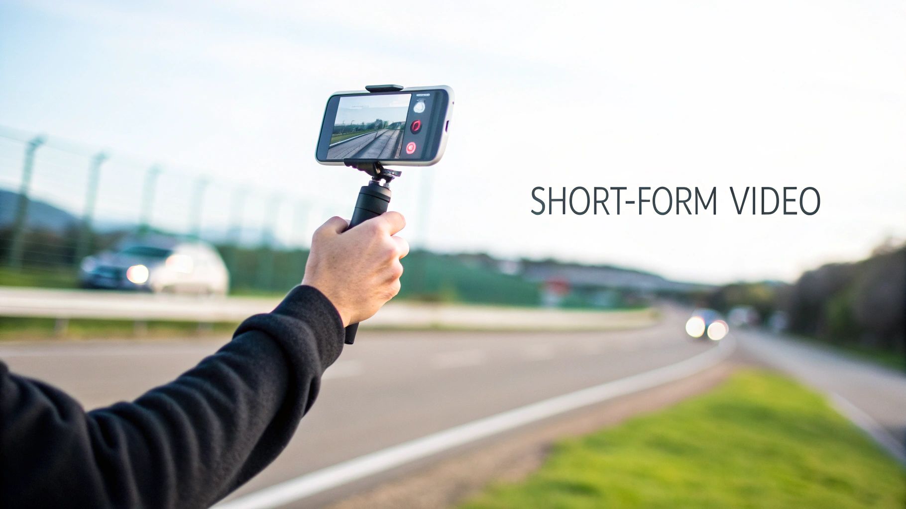 A person holds a smartphone on a stabilizer, recording a short-form video of a road with blurred cars.