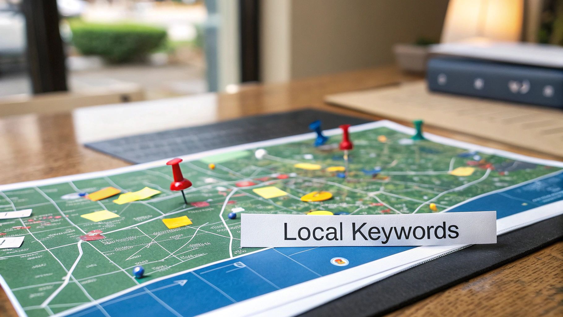 A map with colorful pushpins and sticky notes, displaying 'Local Keywords' for local SEO strategy.