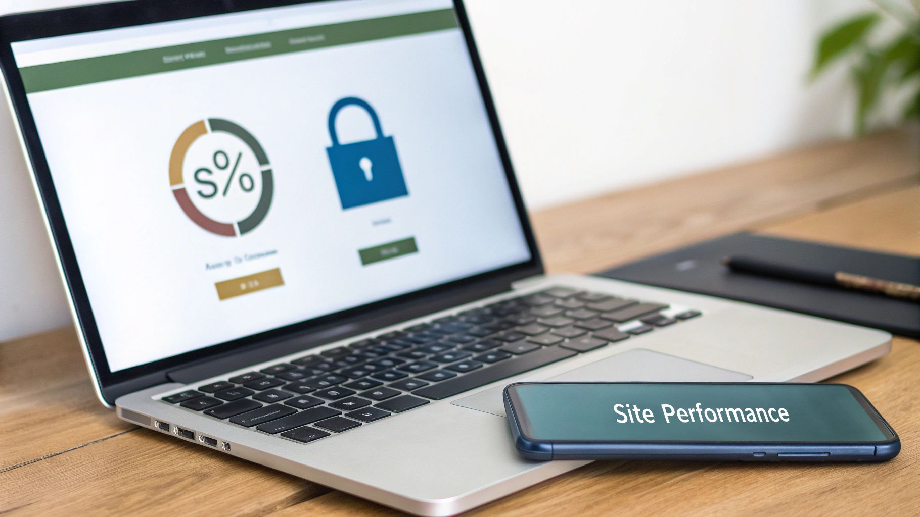 Laptop and smartphone displaying 'Site Performance' metrics and a security padlock icon.