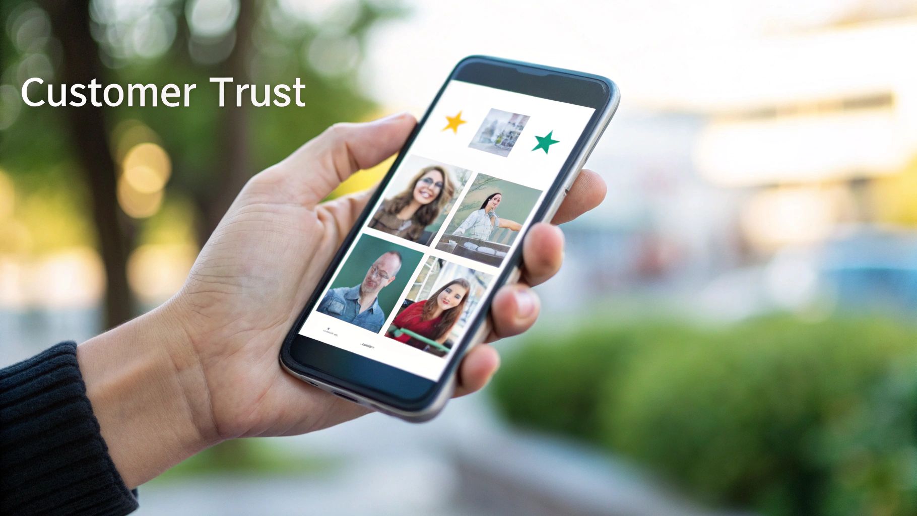 A hand holds a smartphone displaying a grid of happy customer faces with star ratings, illustrating customer trust.