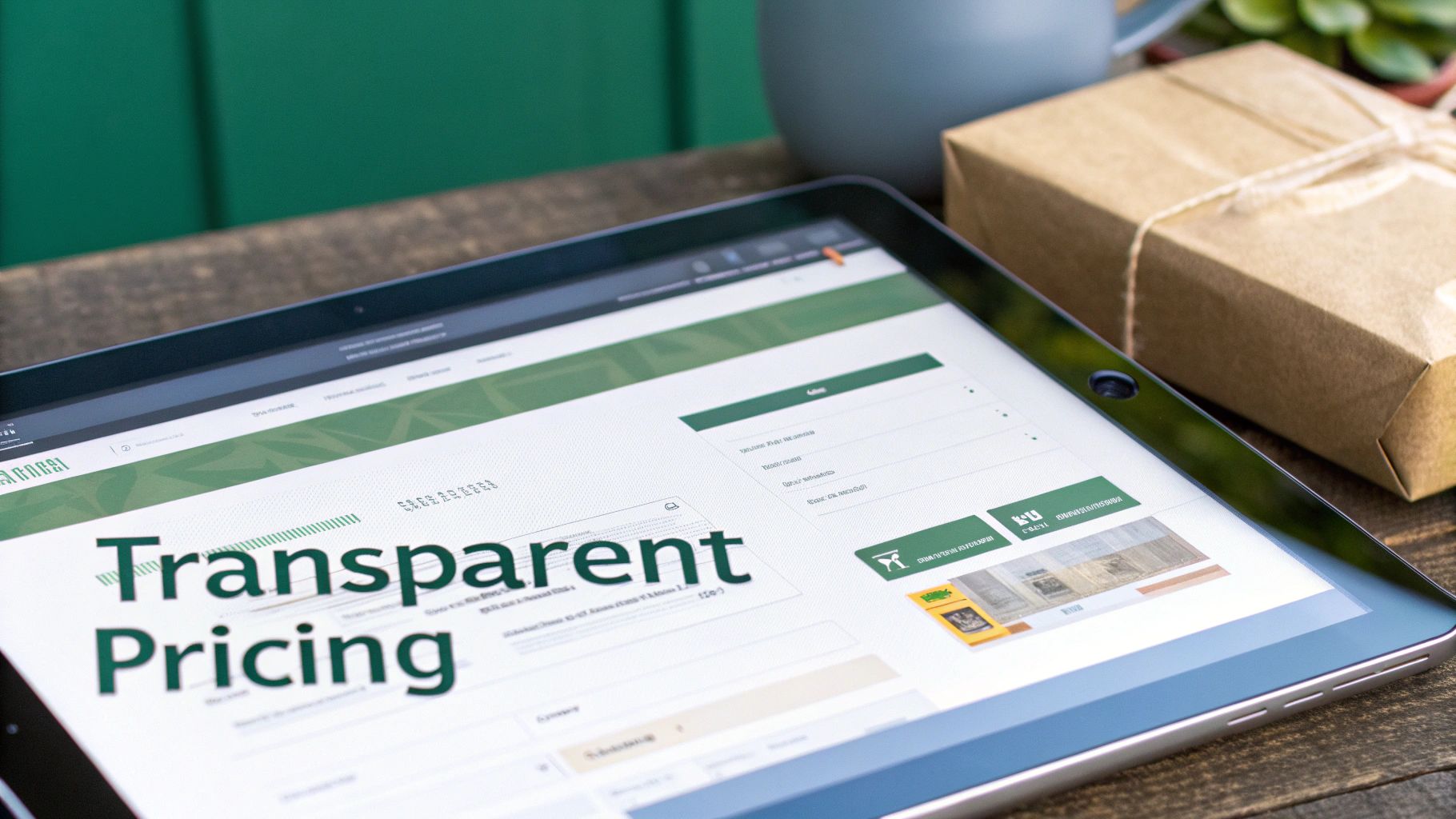 A tablet screen displaying "Transparent Pricing" on a webpage, placed on a wooden table next to a gift box.