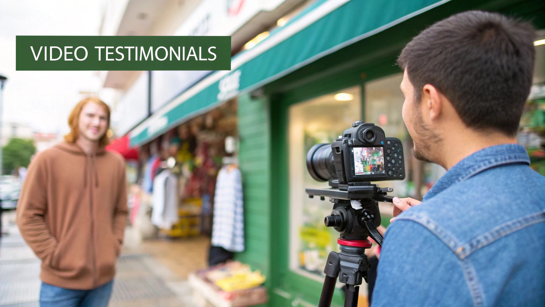 A videographer films a smiling man on a street for a video testimonial, showcasing local business marketing.