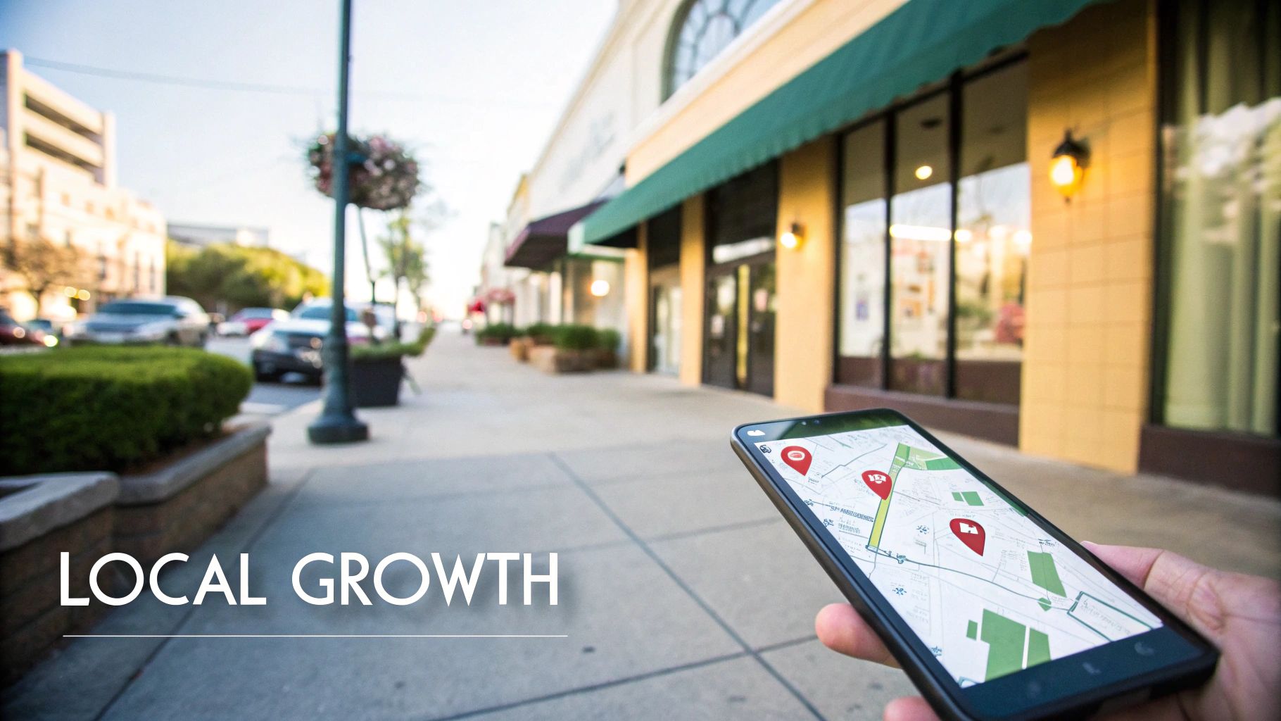 Hand holds smartphone displaying a map with local pins on a bustling city street. 'LOCAL GROWTH'.
