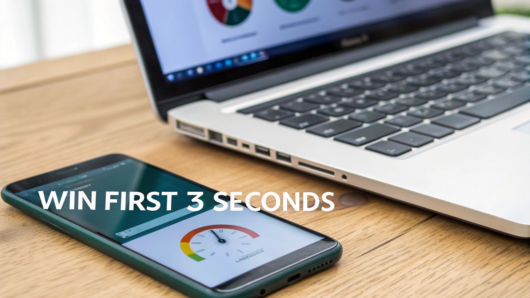 Smartphone displaying a speed gauge next to a laptop with data charts on a wooden desk.