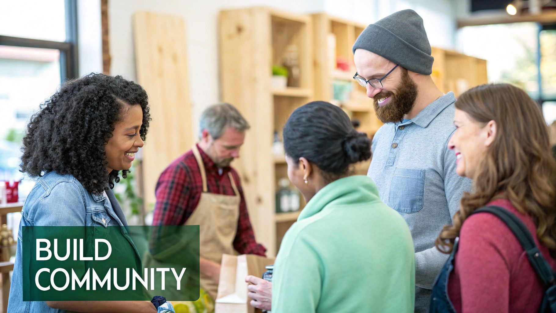 A diverse group of smiling adults engaging in a lively community space, building connections.