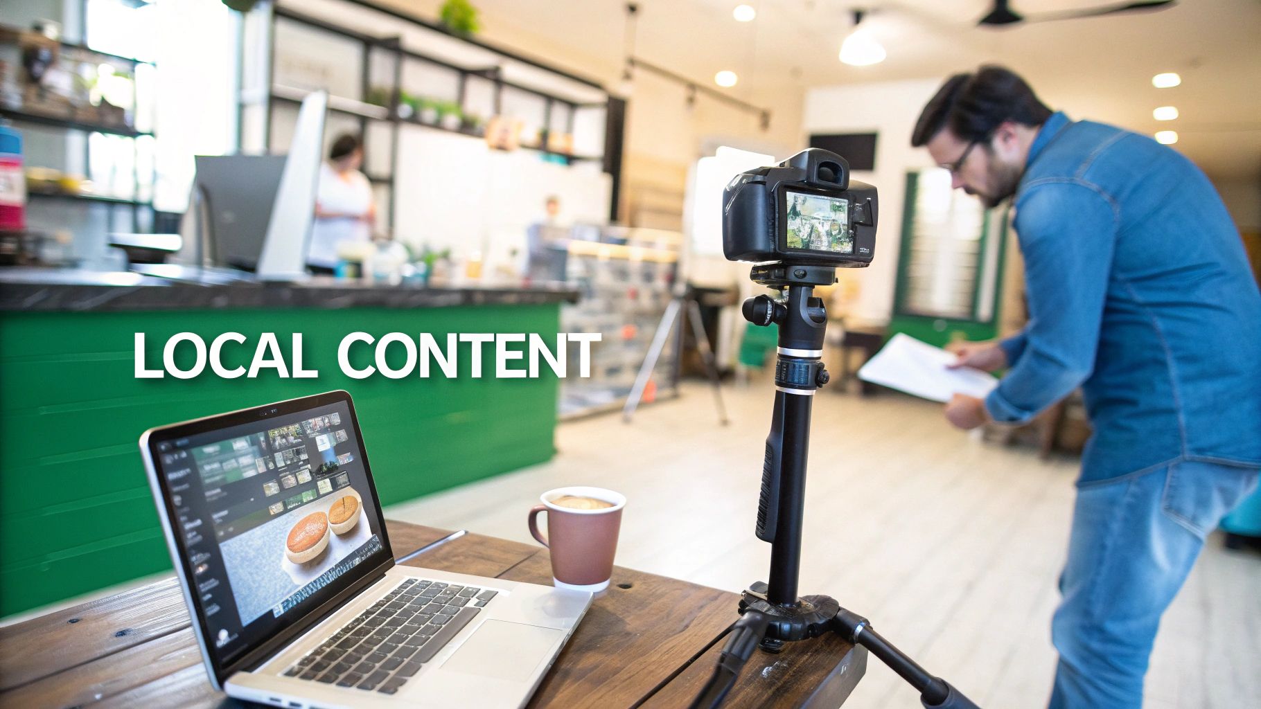Professional camera on tripod, laptop, and coffee mug on a table in a local business setting. 'LOCAL CONTENT' text.