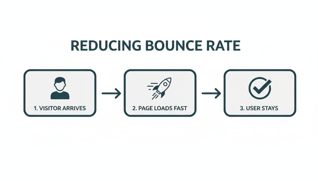 A flowchart illustrating how to reduce bounce rate: visitor arrives, page loads fast, user stays.
