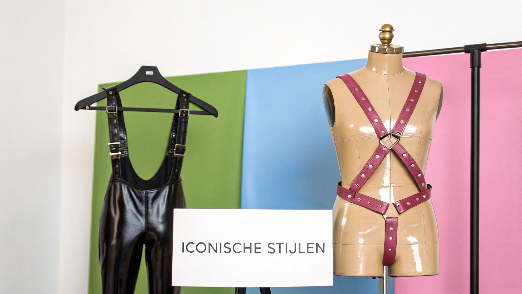 Een man draagt iconische kinky kledingstukken, waaronder een harnas.