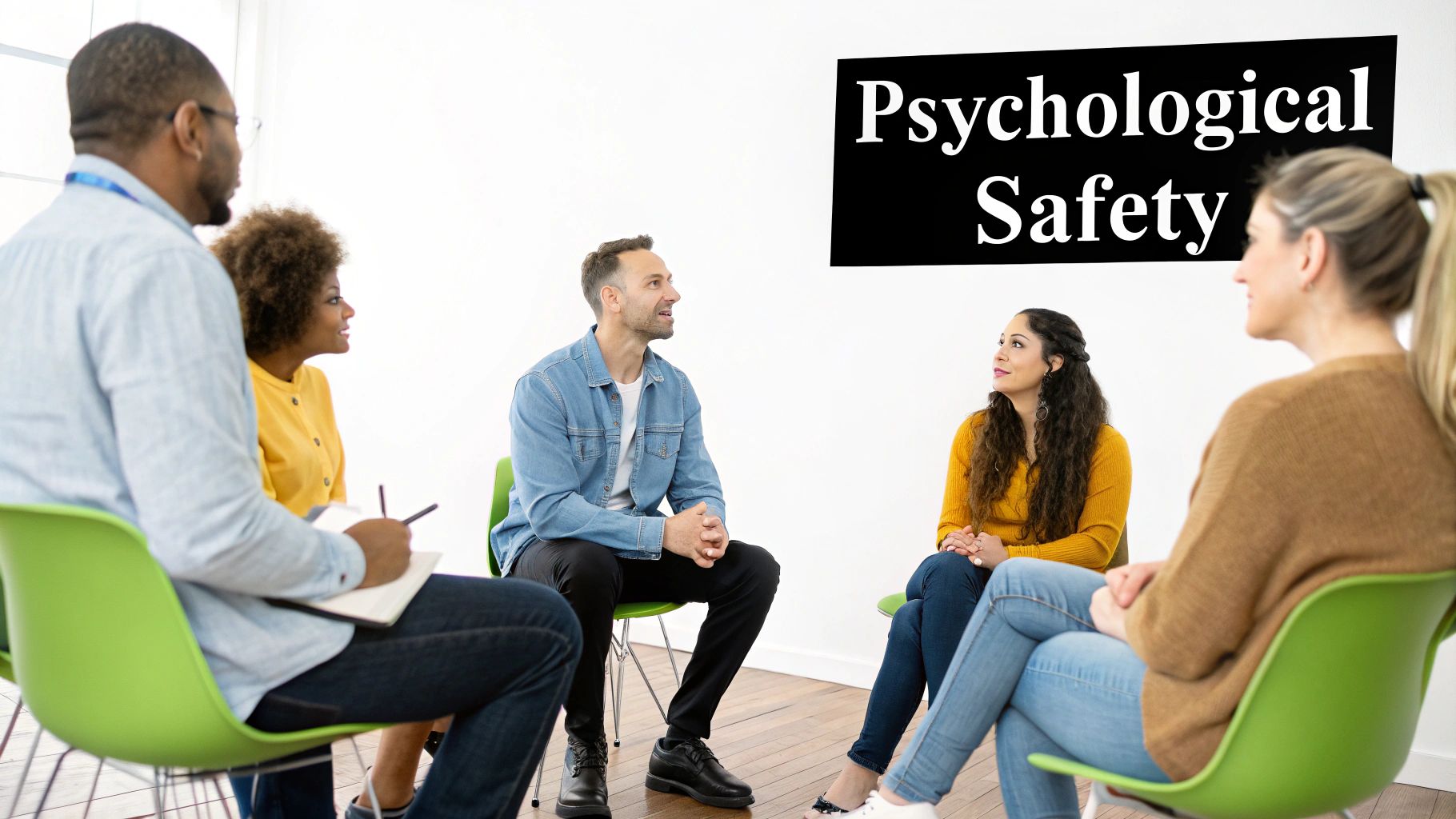 Diverse group of adults discussing psychological safety in a bright room, led by a man taking notes.