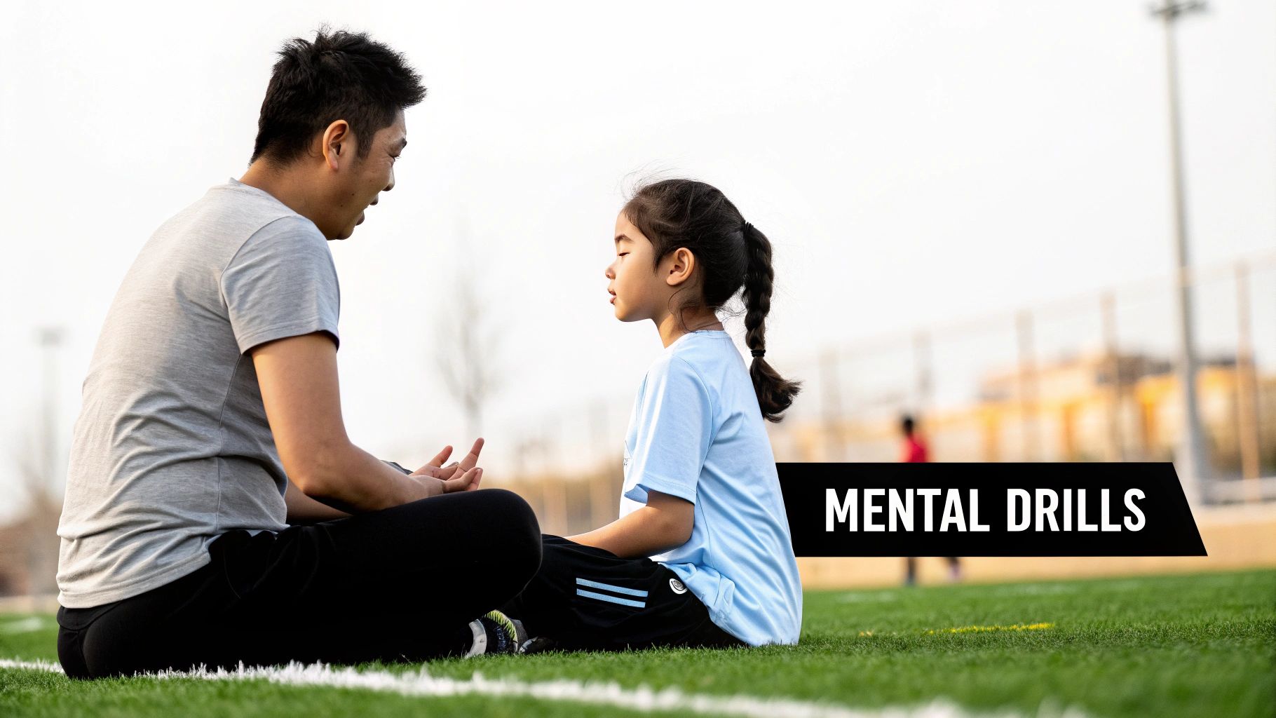 A coach and a young girl sit on a sports field, practicing mental drills and mindfulness.