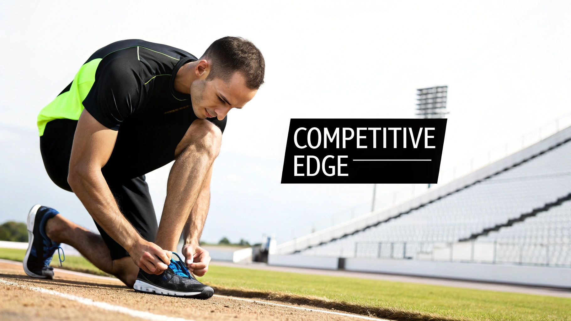 A male athlete kneels on a running track, tying his blue shoelaces at a stadium.