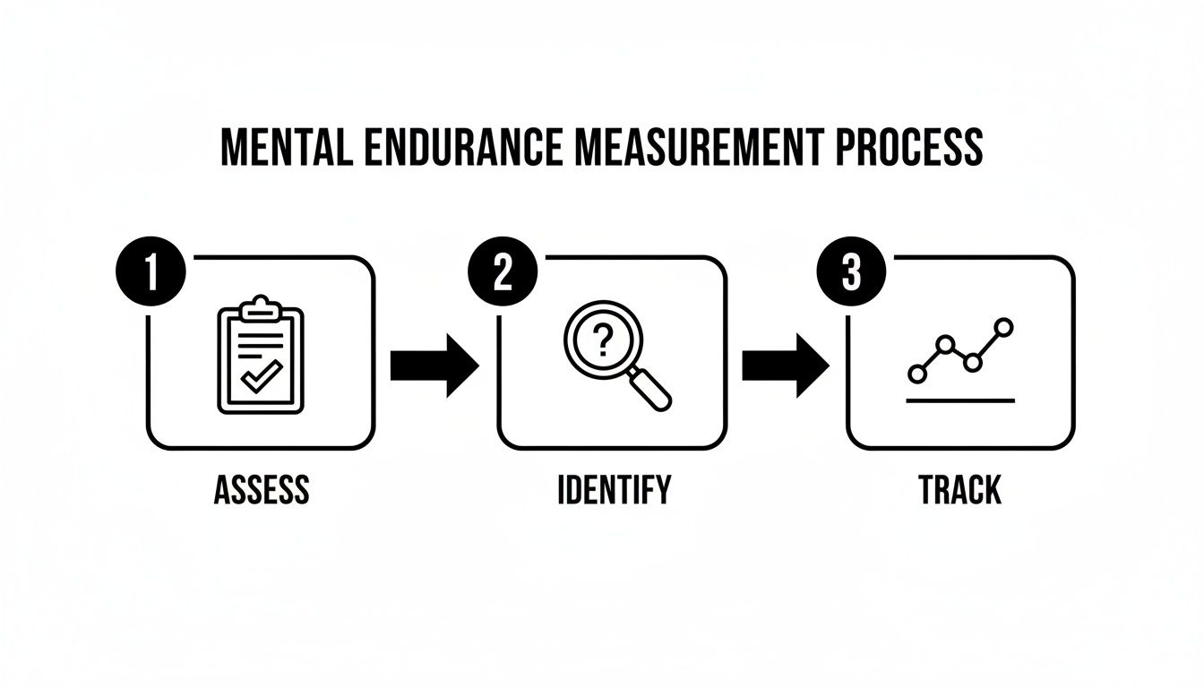A three-step diagram outlining the mental endurance measurement process: Assess, Identify, and Track.