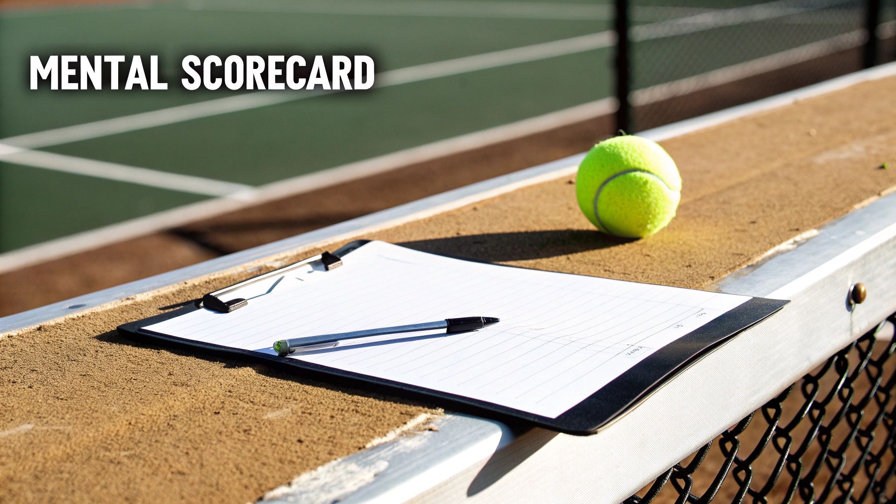 A tennis ball, clipboard, and pen sit on a tennis court bench with 'MENTAL SCORECARD' text.