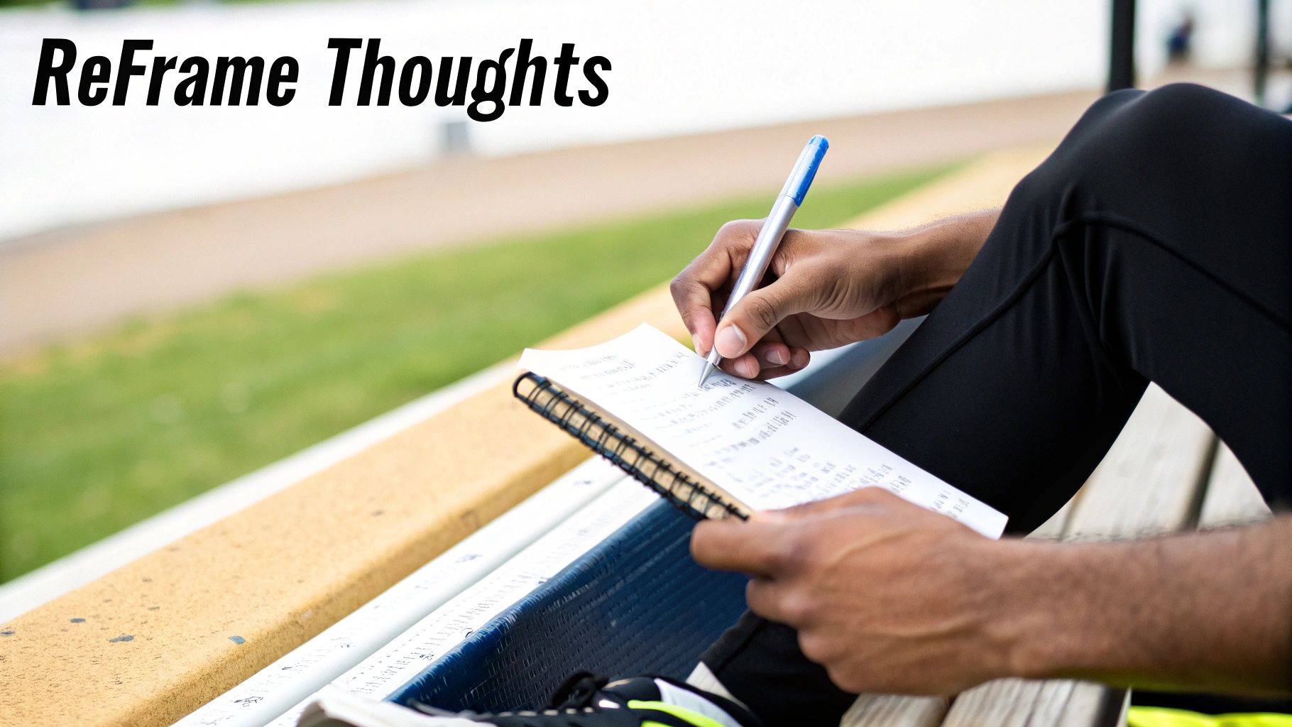 A person writes in a notebook with a pen outdoors, displaying 'ReFrame Thoughts' title.