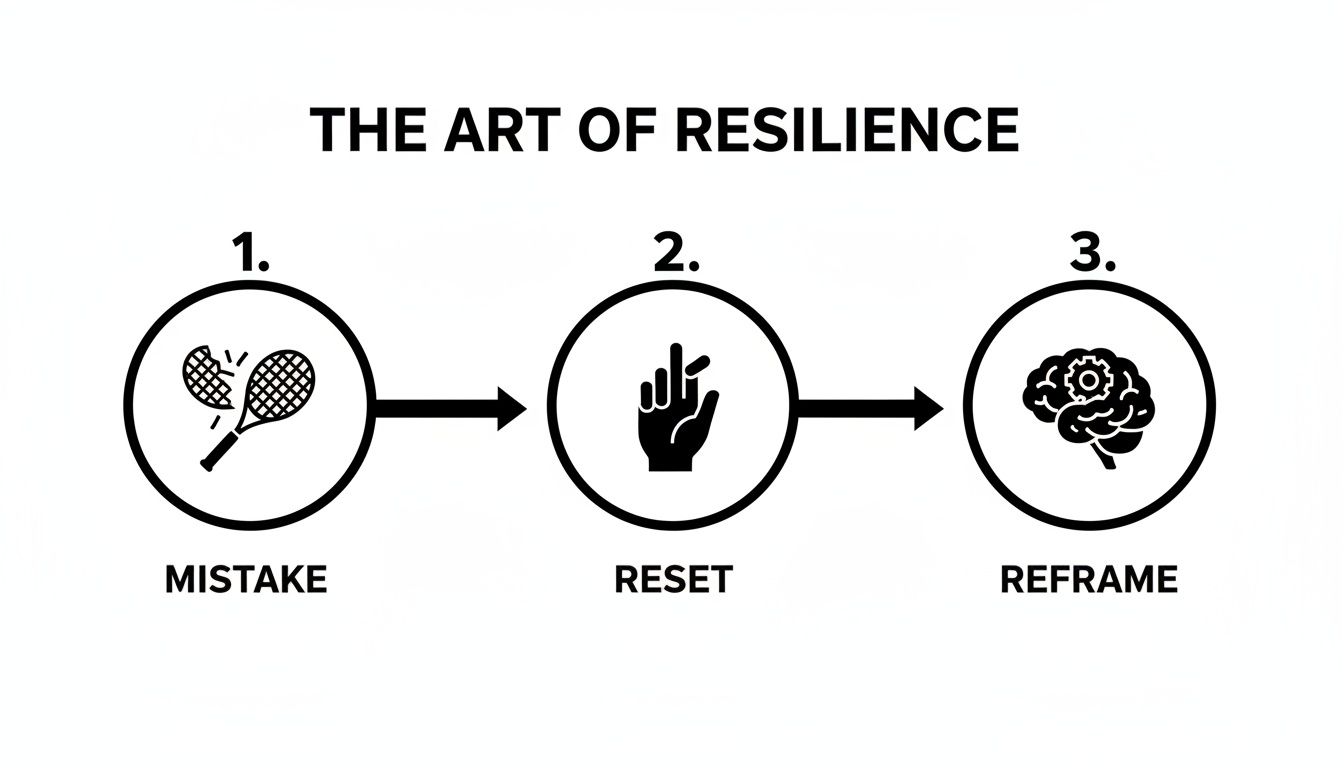 Infographic showing 'The Art of Resilience': 1. Mistake (broken tennis racket), 2. Reset (snapping fingers), 3. Reframe (brain with gear).