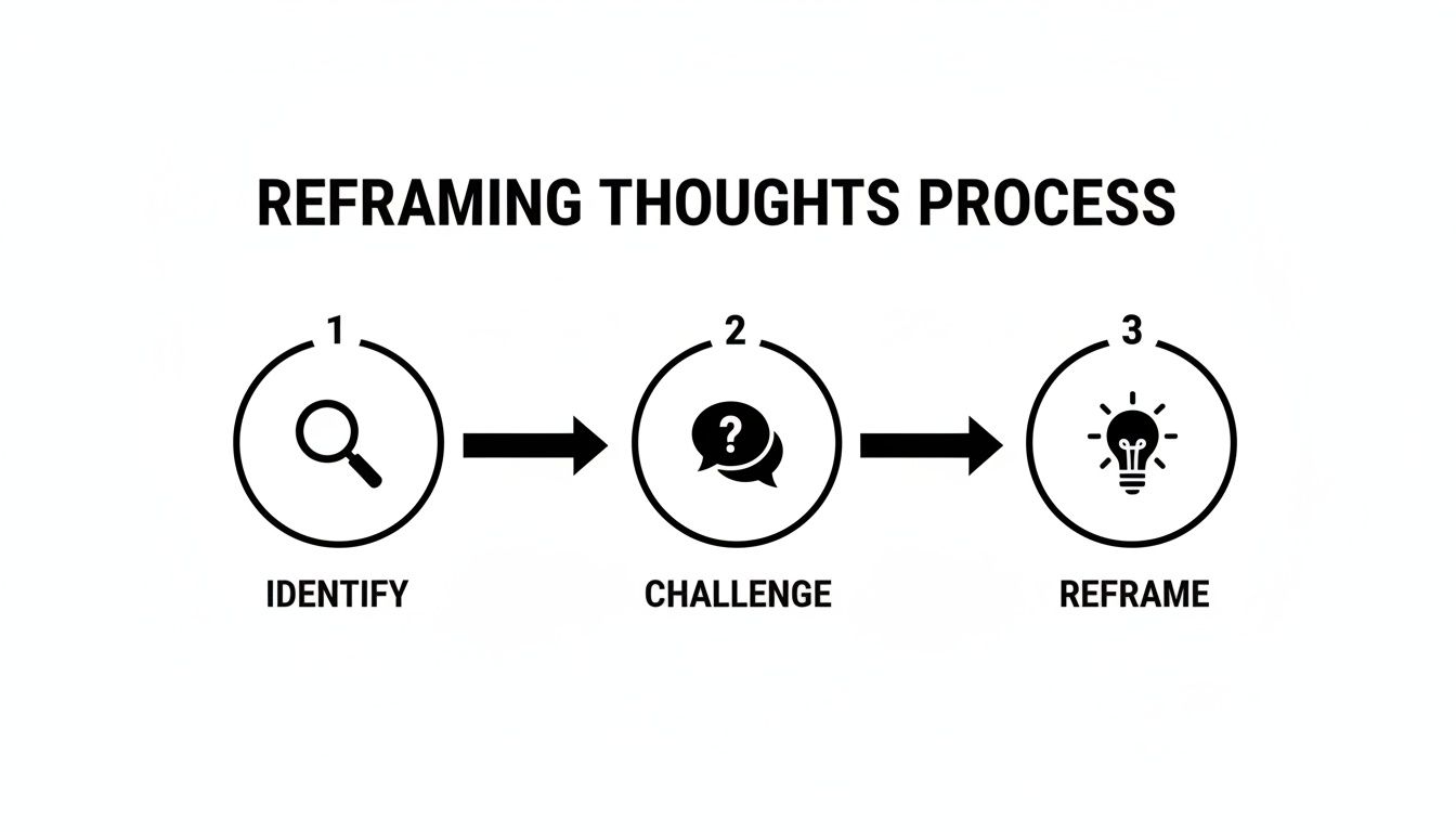 An infographic detailing the 'Reframing Thoughts Process' with three steps: Identify, Challenge, and Reframe.
