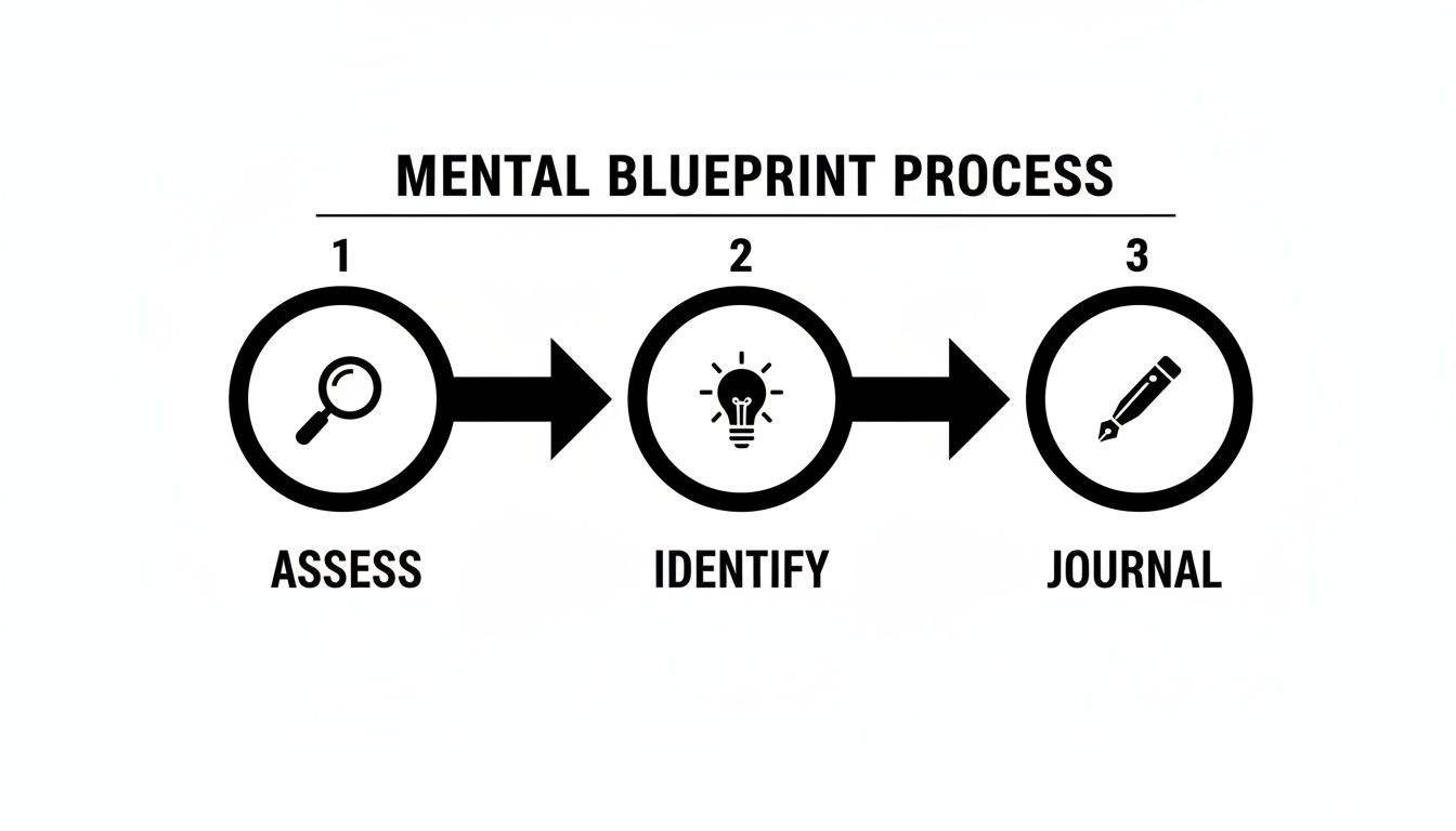 A three-step diagram illustrating the Mental Blueprint Process: Assess, Identify, Journal.