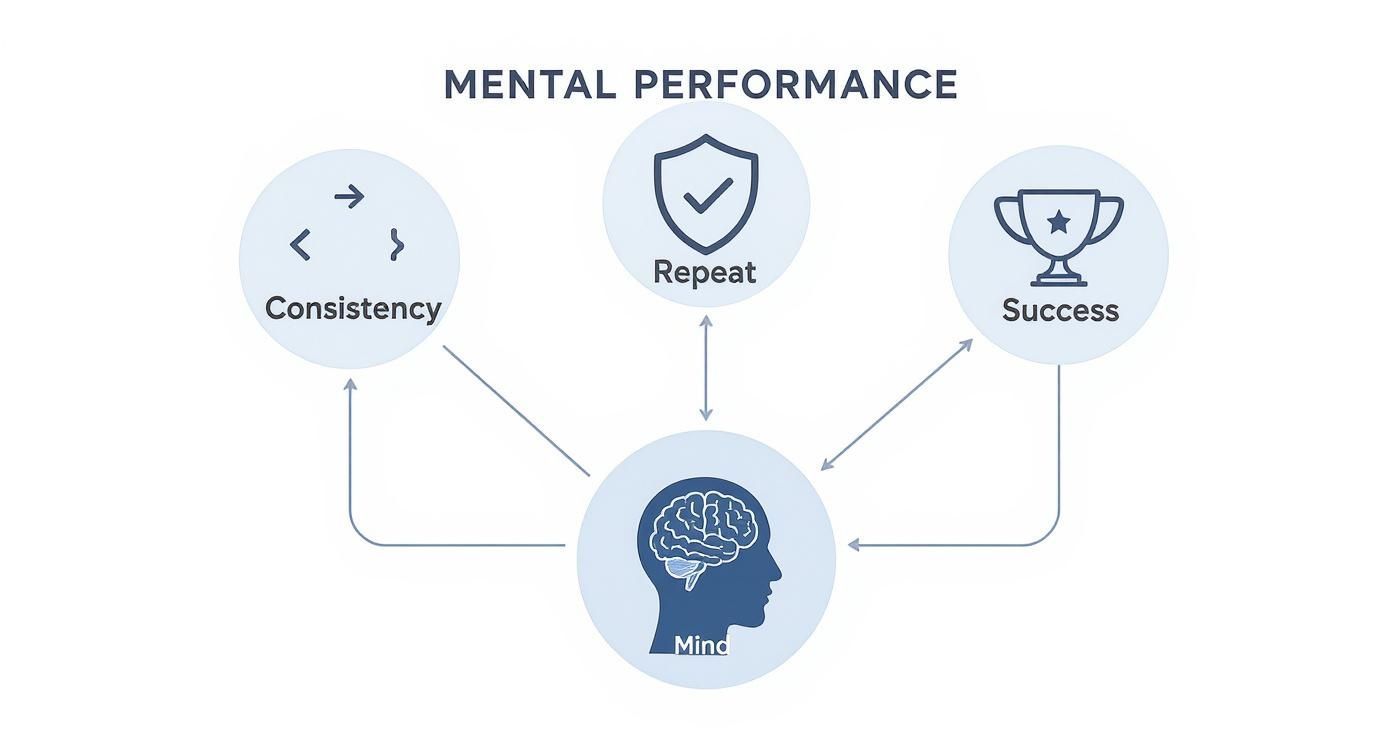 A diagram illustrating mental performance, showing how mind, consistency, repeat, and success are interconnected.