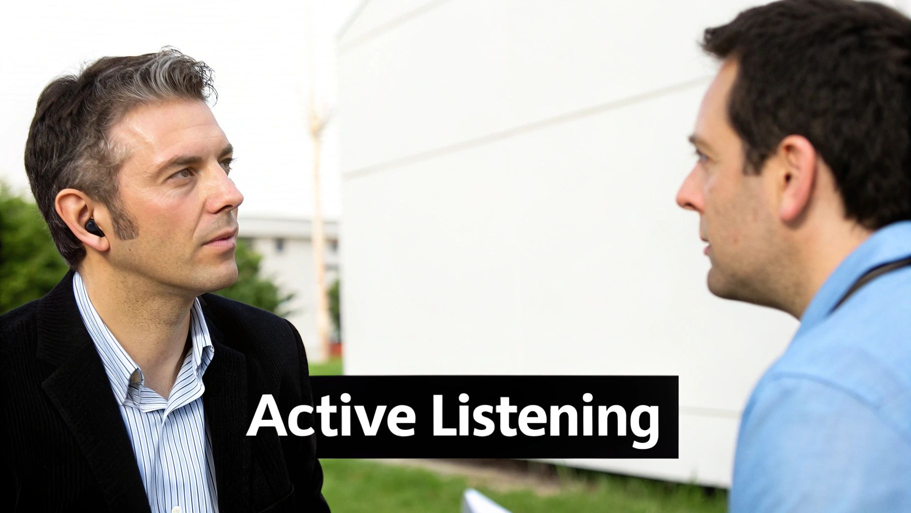 Two men interacting outdoors, one with an earbud, demonstrating active listening for effective communication.