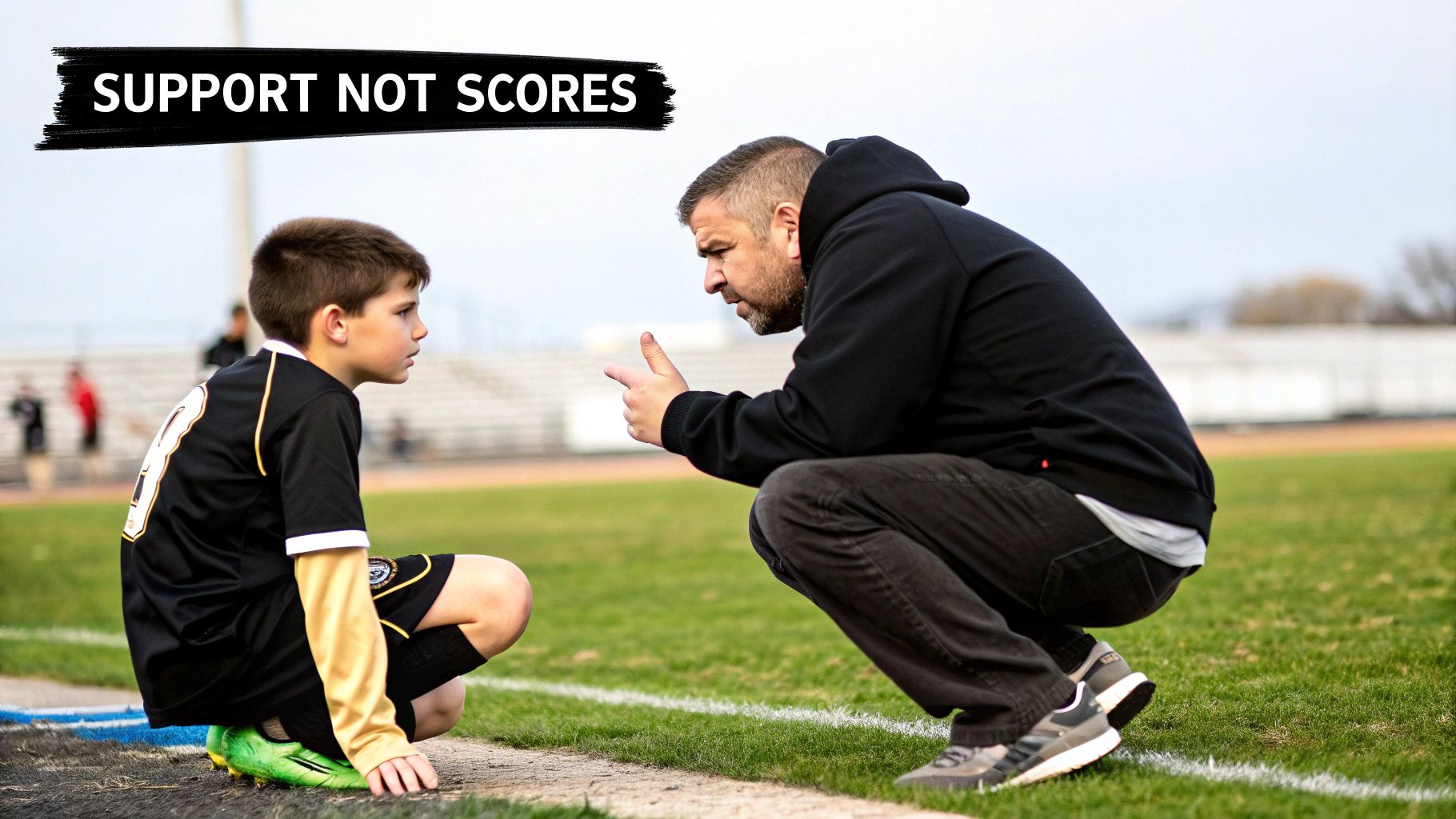 Coach speaking with a young soccer player on the field, promoting support over scores.
