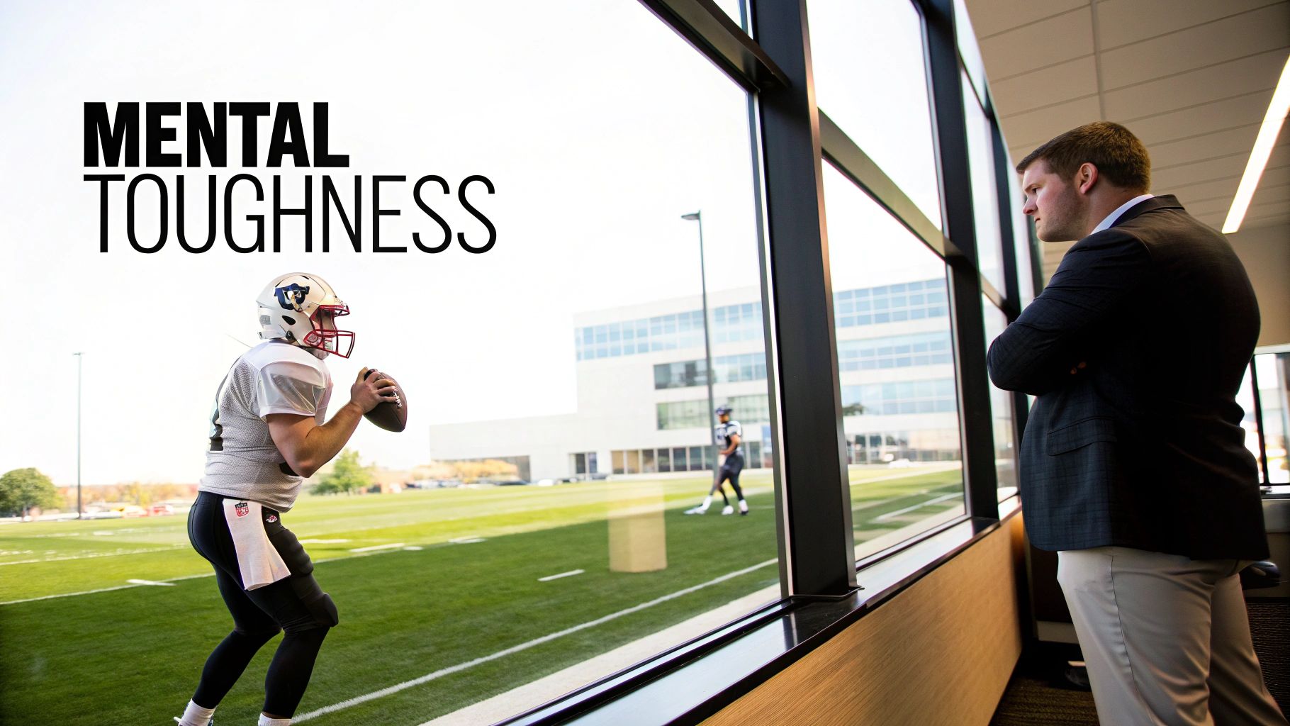 A football player in uniform on a field, observed by a man from a building window, with 'Mental Toughness' text.