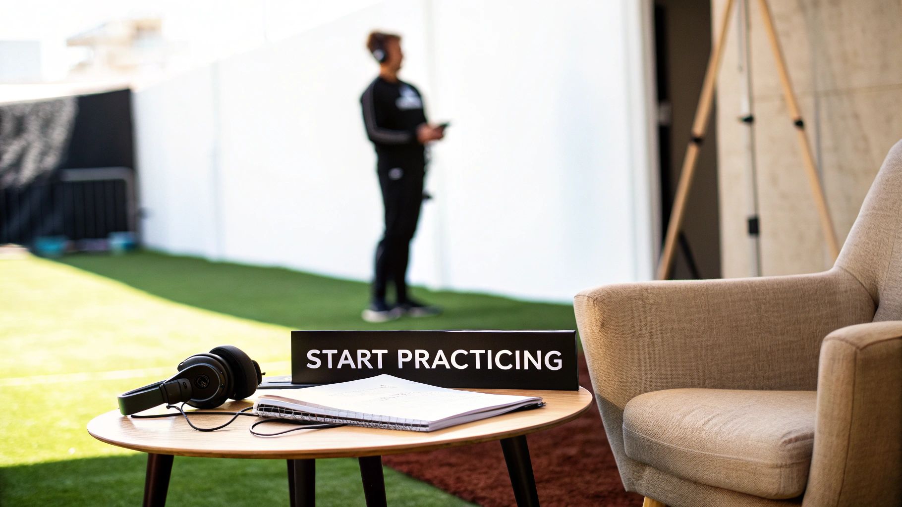 A table with headphones, a notebook, and a "START PRACTICING" sign, with a person on grass in the background.