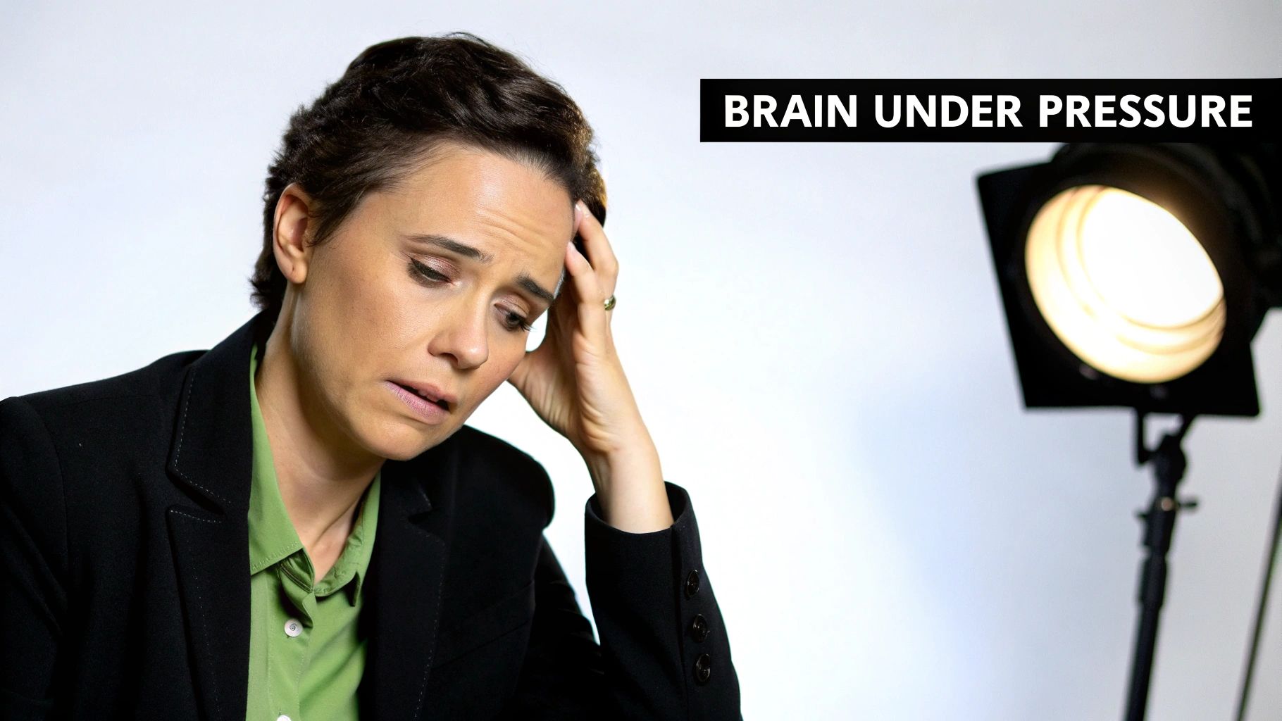 A stressed woman holds her head under bright studio lights, with 'BRAIN UNDER PRESSURE' text.