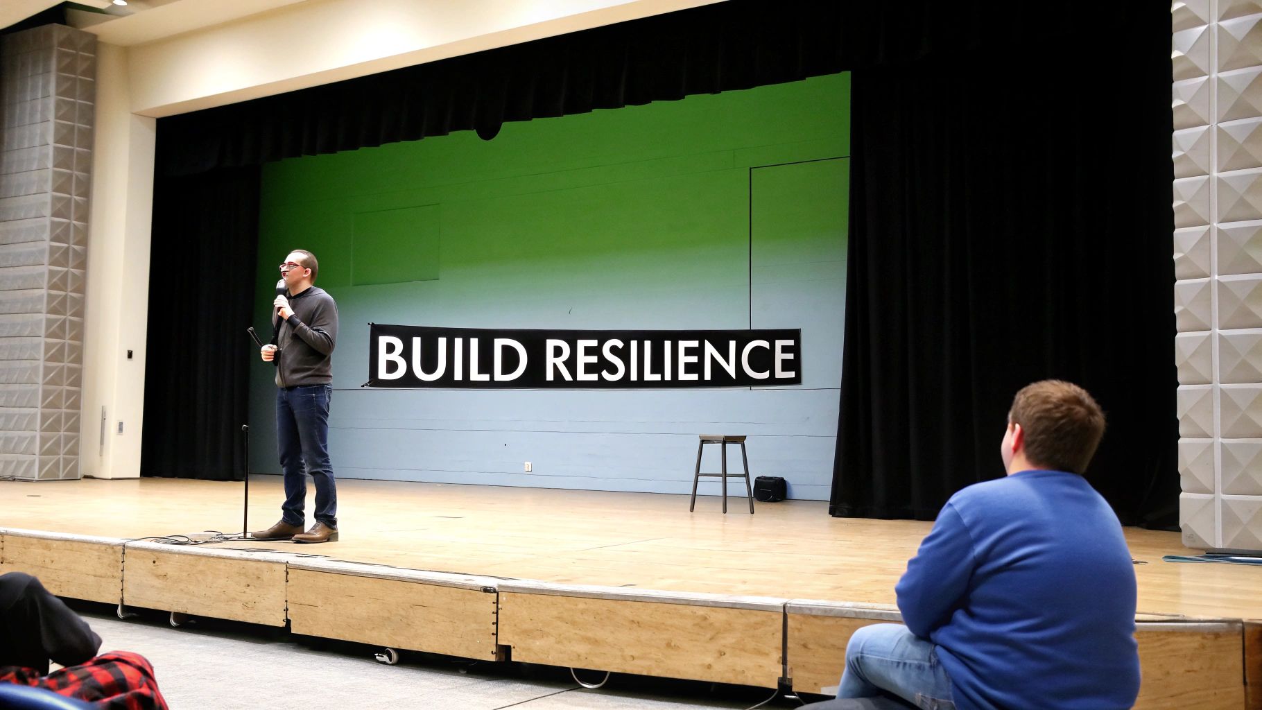 A man speaks into a microphone on stage in front of a green screen and a 'BUILD RESILIENCE' banner.