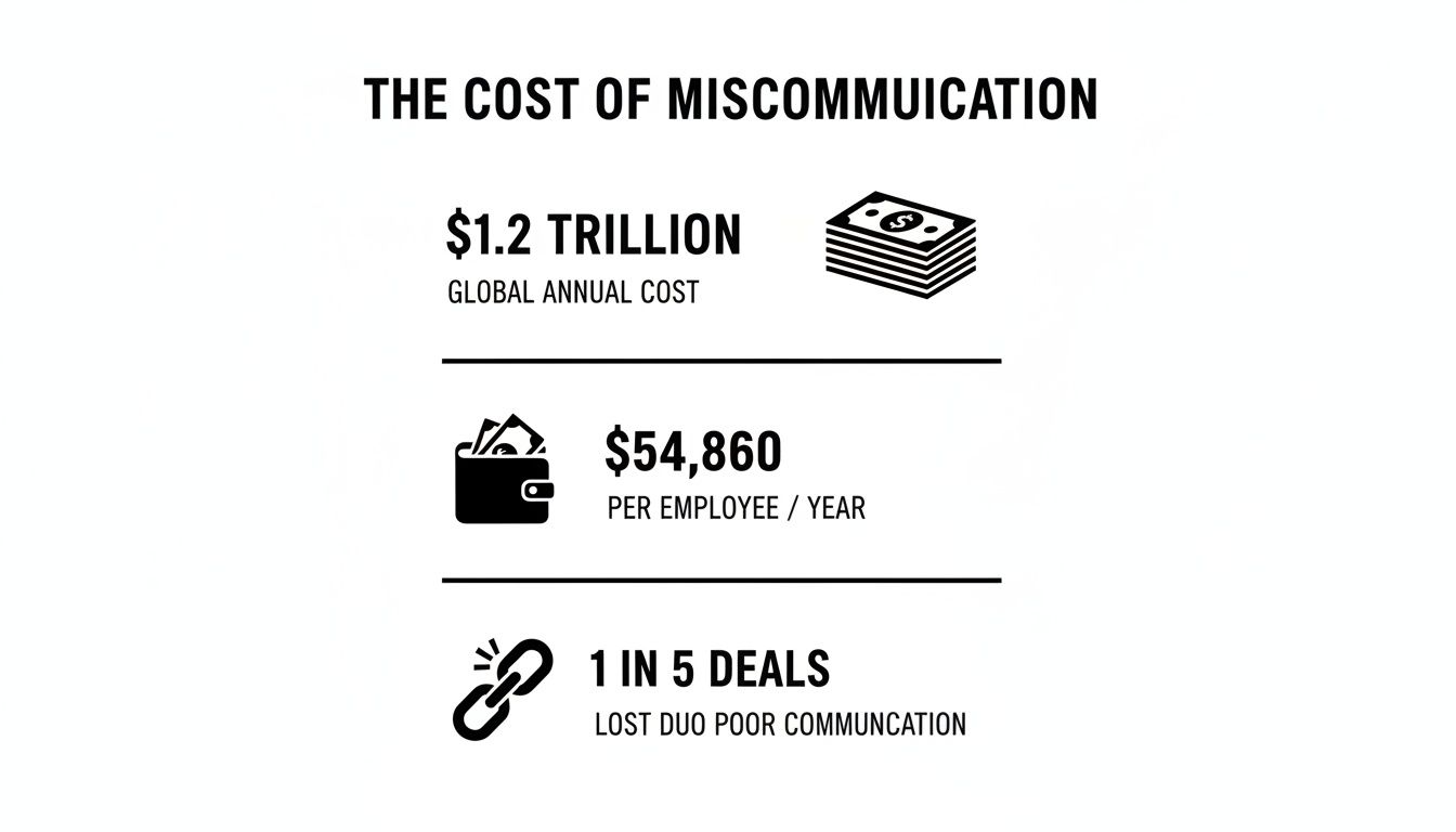 Infographic illustrating the global annual cost of miscommunication, per employee cost, and deals lost.
