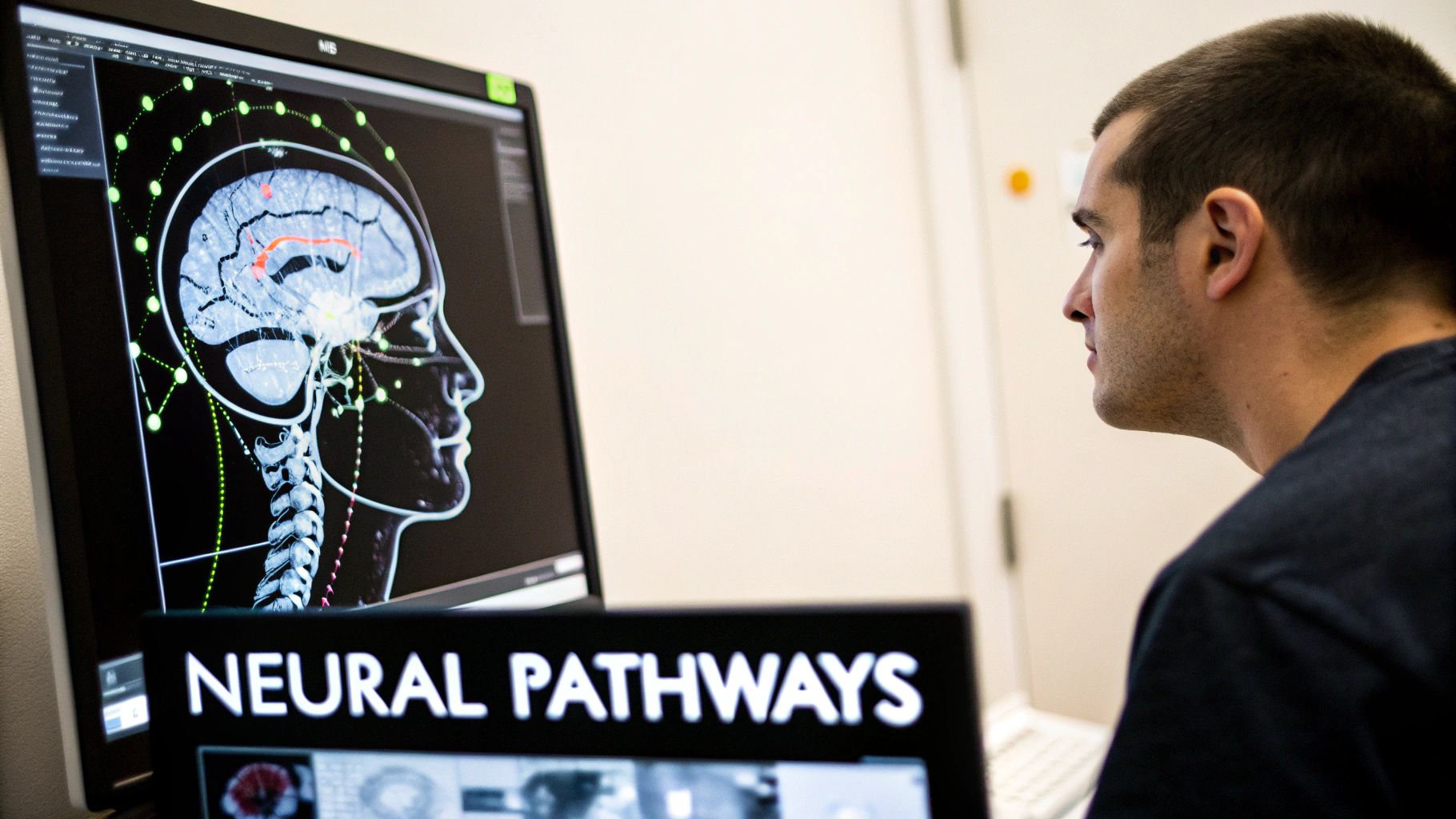 A man observes a computer screen displaying a brain scan with illuminated neural pathways.