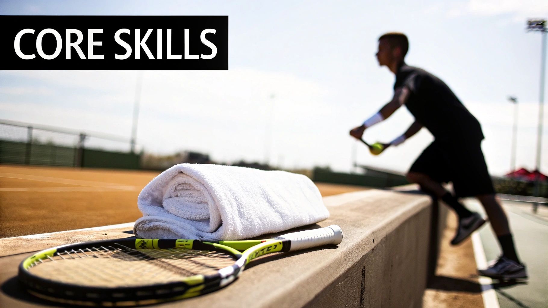 Tennis racket, towel, and blurry player on a court with 'CORE SKILLS' text, highlighting essential tennis skills.