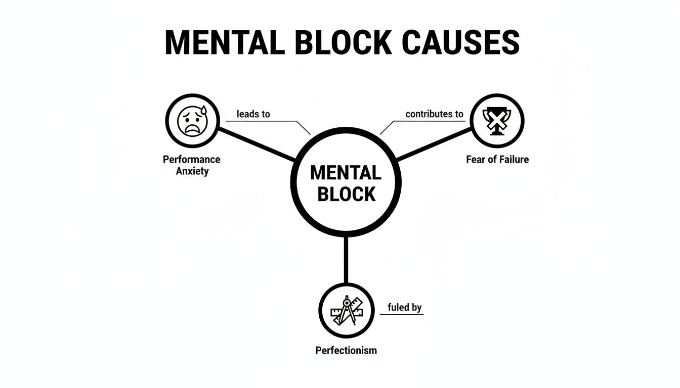A diagram illustrating the causes of mental blocks, including performance anxiety, fear of failure, and perfectionism.