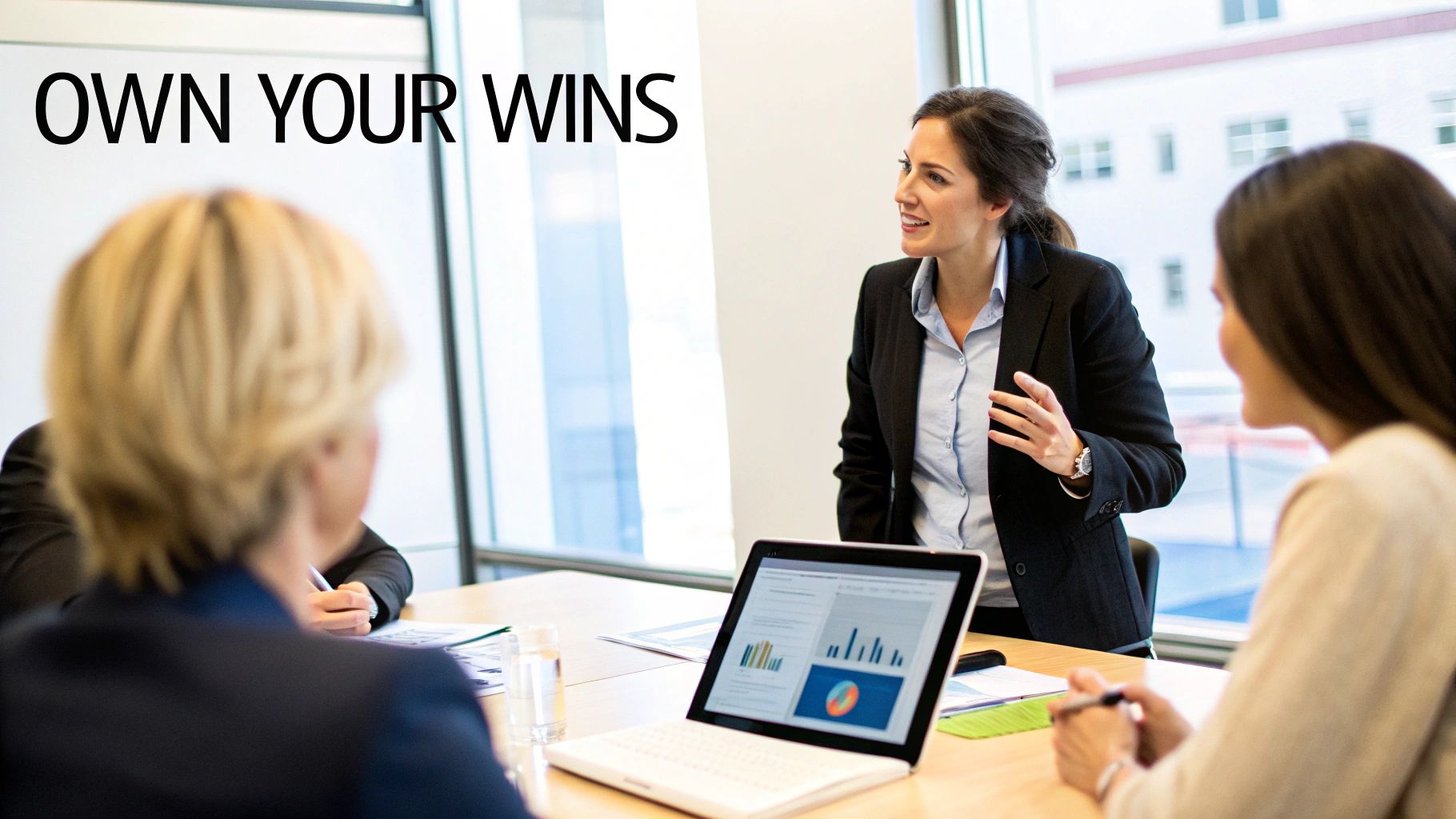 A confident woman presents data on a laptop to colleagues in a modern office meeting.