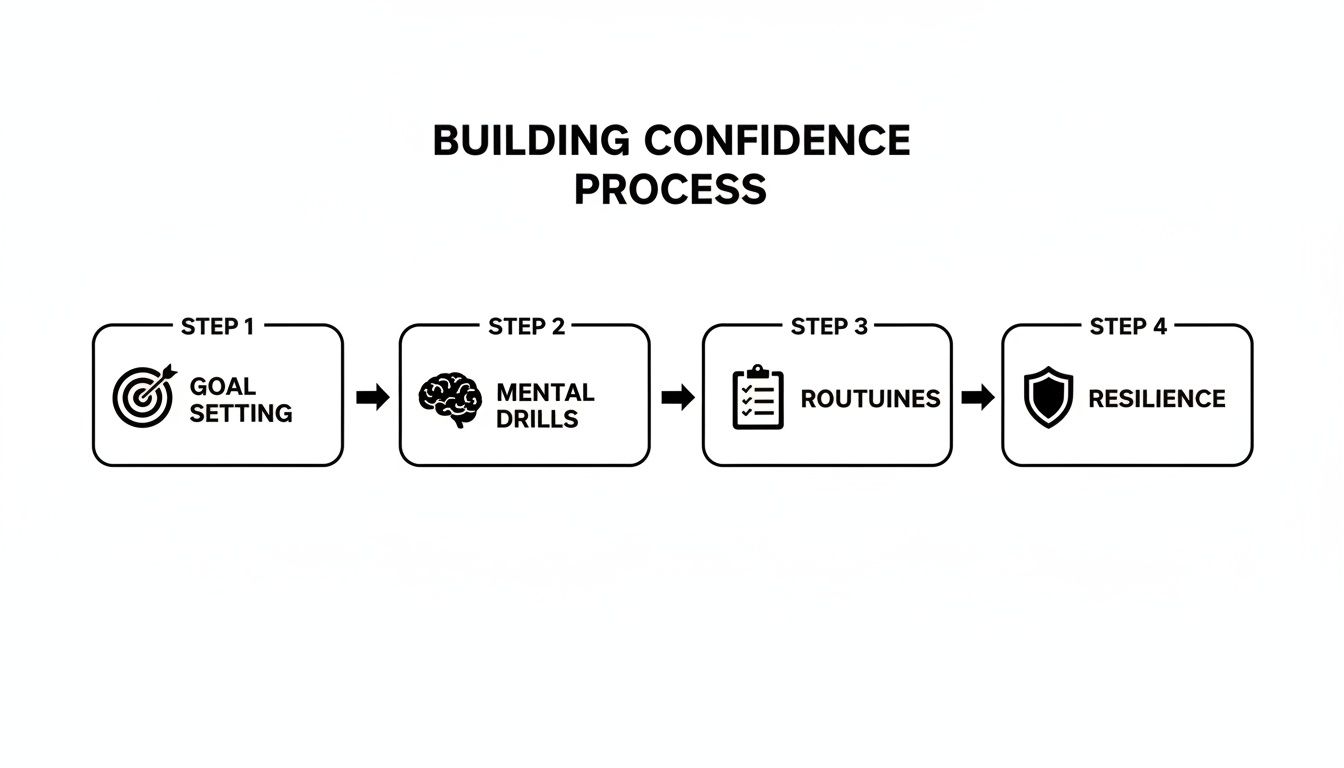 A clear diagram outlining a four-step process for building confidence, featuring goal setting, mental drills, routines, and resilience.