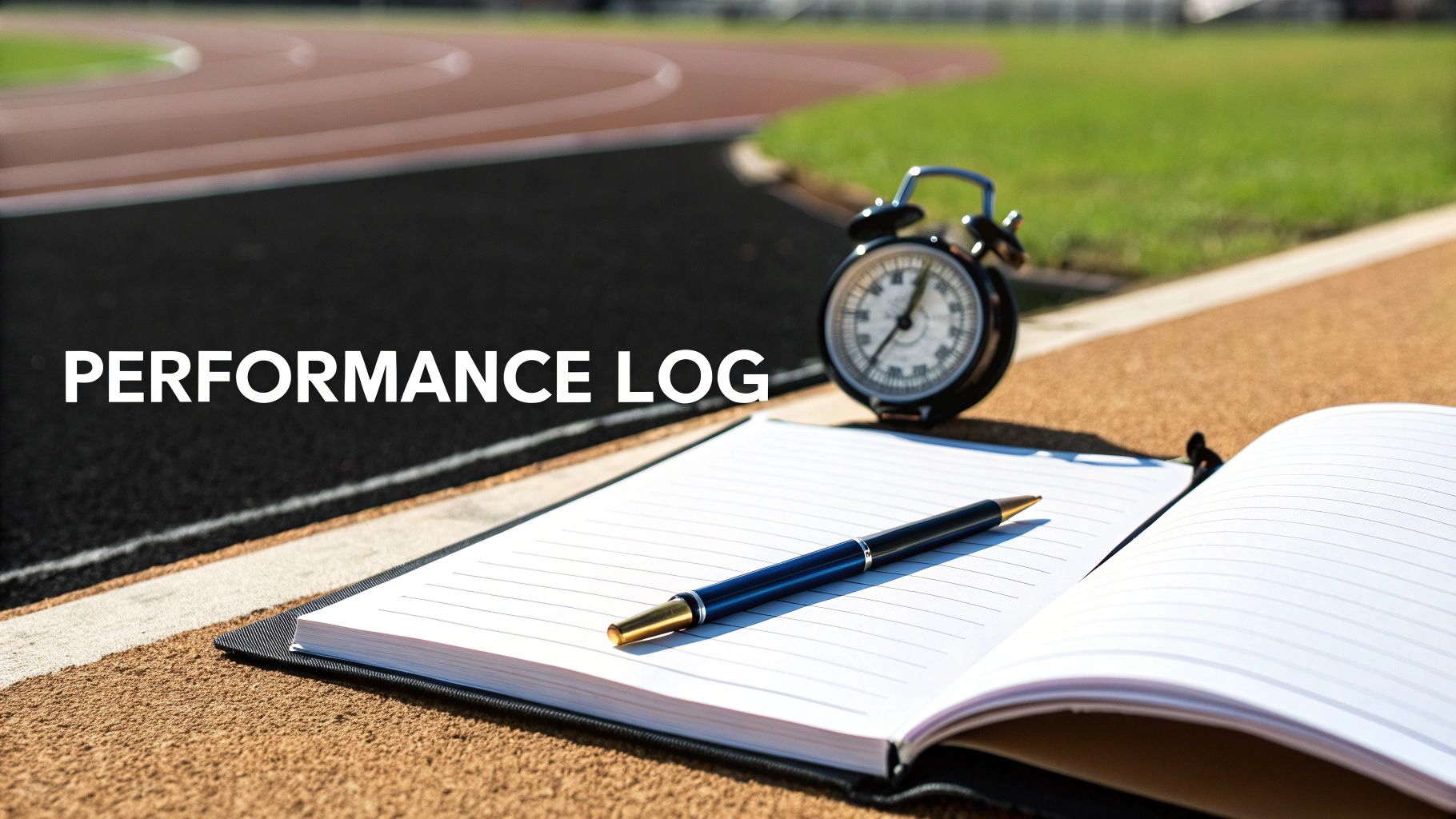 A notebook, pen, and stopwatch on a running track with 'PERFORMANCE LOG' text.
