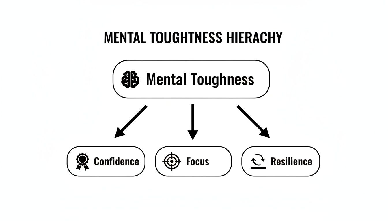 A hierarchy diagram illustrating mental toughness, composed of confidence, focus, and resilience.