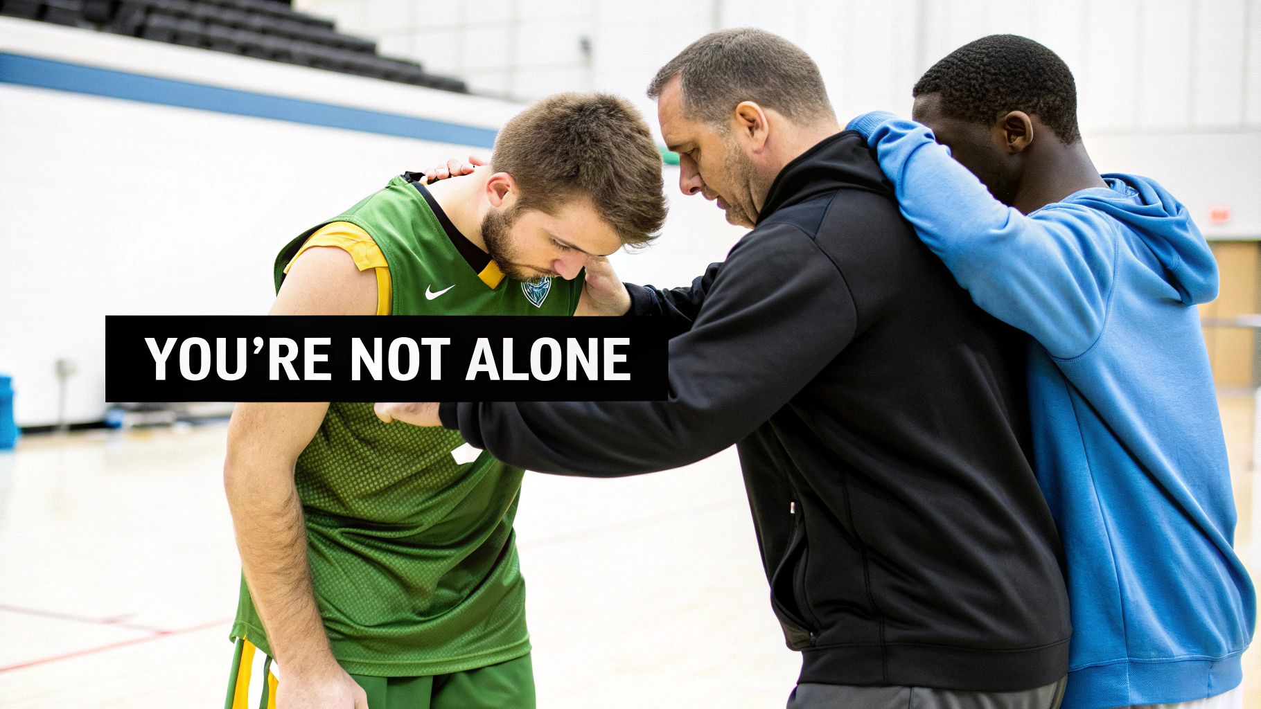 Three men, possibly athletes and a coach, offer support to a dejected player in a gym.