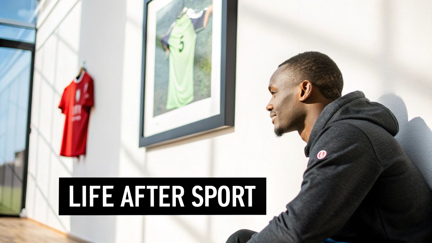 A man in a dark hoodie sits contemplating framed sports jerseys on a wall, with 'LIFE AFTER SPORT' text.